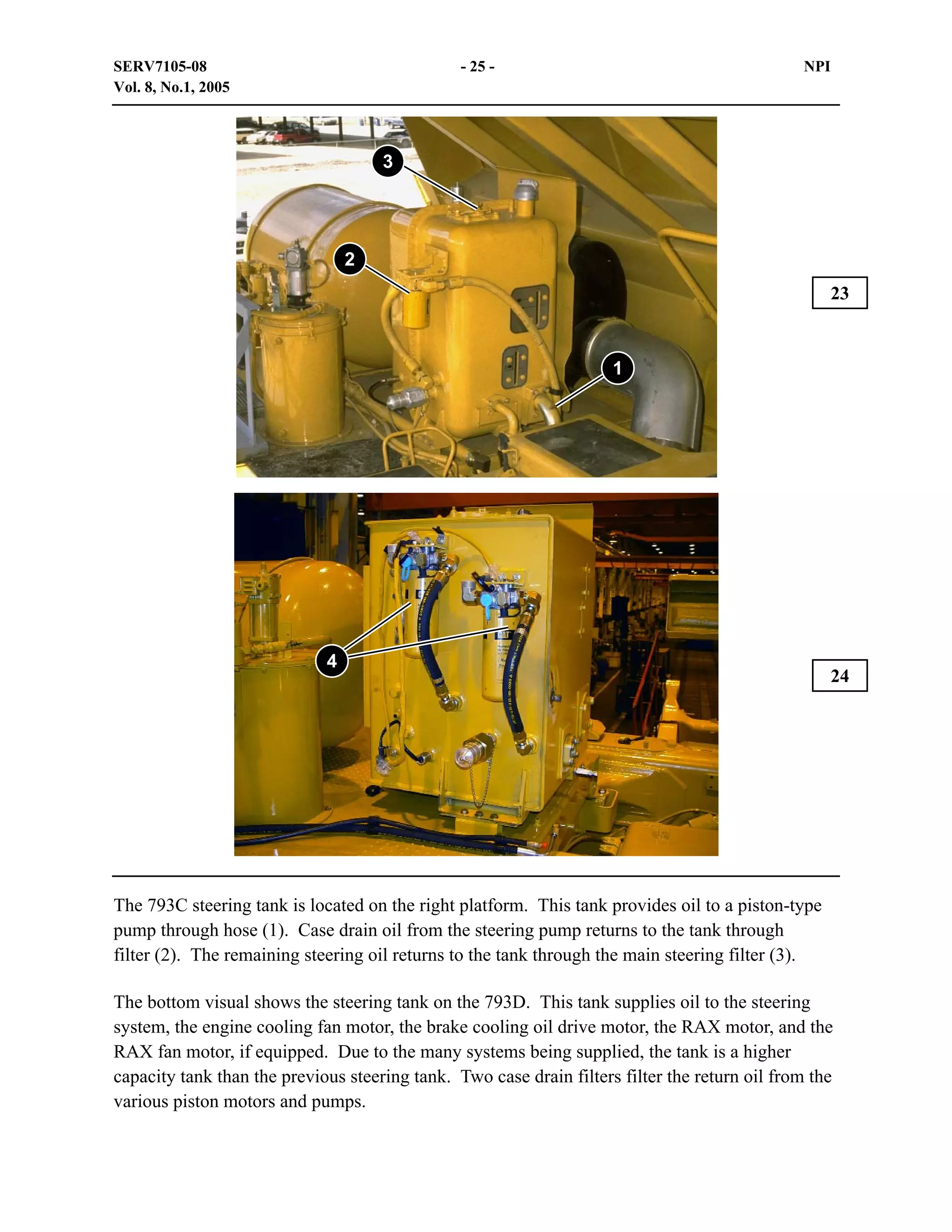 SERV7105-08
Vol. 8, No.1, 2005

- 25 -

NPI

3

2
23

1

4

24

The 793C steering tank is located on the right platform. This tank provides oil to a piston-type
pump through hose (1). Case drain oil from the steering pump returns to the tank through
filter (2). The remaining steering oil returns to the tank through the main steering filter (3).
The bottom visual shows the steering tank on the 793D. This tank supplies oil to the steering
system, the engine cooling fan motor, the brake cooling oil drive motor, the RAX motor, and the
RAX fan motor, if equipped. Due to the many systems being supplied, the tank is a higher
capacity tank than the previous steering tank. Two case drain filters filter the return oil from the
various piston motors and pumps.

 