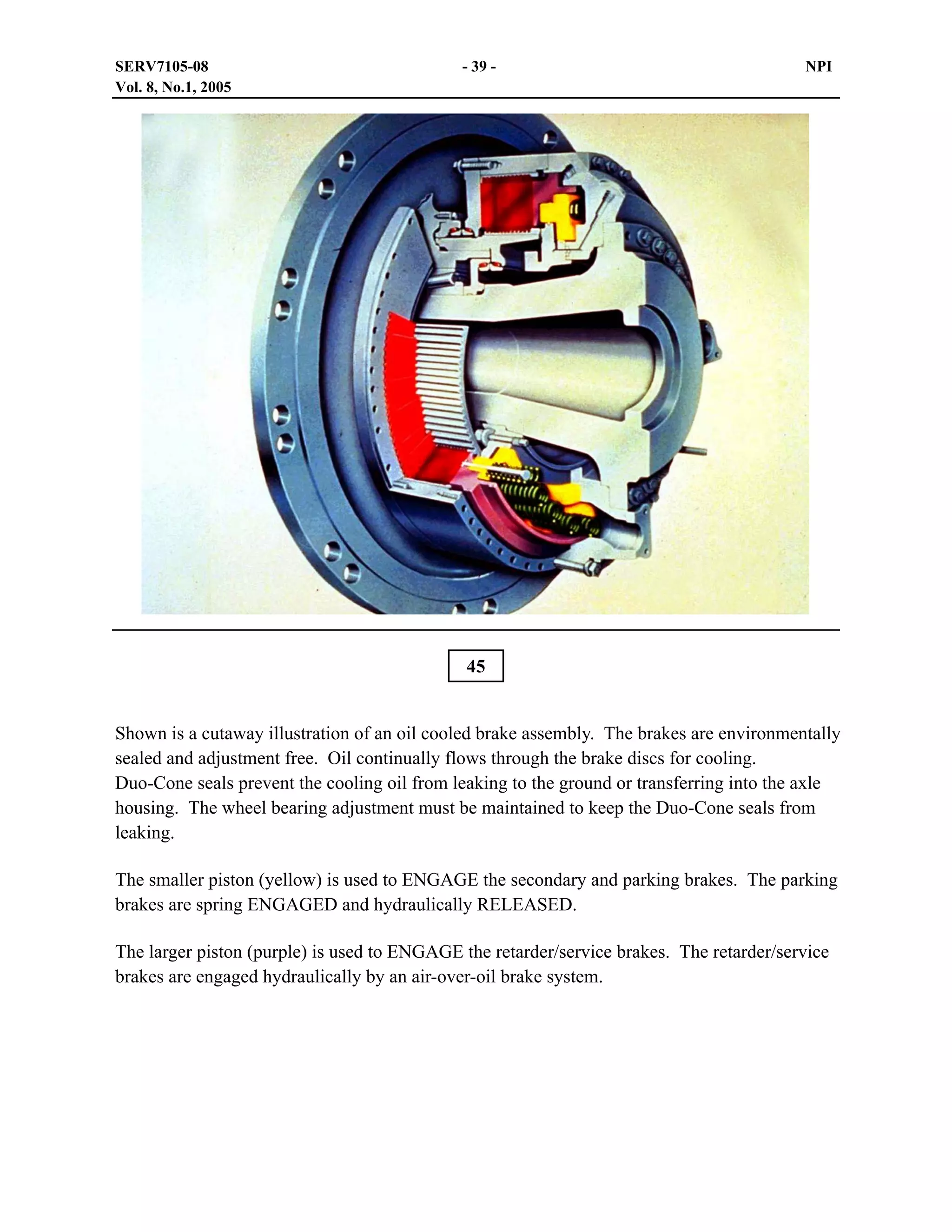 SERV7105-08
Vol. 8, No.1, 2005

- 39 -

NPI

45
Shown is a cutaway illustration of an oil cooled brake assembly. The brakes are environmentally
sealed and adjustment free. Oil continually flows through the brake discs for cooling.
Duo-Cone seals prevent the cooling oil from leaking to the ground or transferring into the axle
housing. The wheel bearing adjustment must be maintained to keep the Duo-Cone seals from
leaking.
The smaller piston (yellow) is used to ENGAGE the secondary and parking brakes. The parking
brakes are spring ENGAGED and hydraulically RELEASED.
The larger piston (purple) is used to ENGAGE the retarder/service brakes. The retarder/service
brakes are engaged hydraulically by an air-over-oil brake system.

 