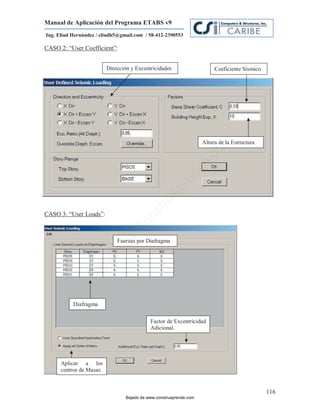 Manual de Aplicación del Programa ETABS v9
Ing. Eliud Hernández / eliudh5@gmail.com / 58-412-2390553

CASO 2: “User Coefficient”:


                         Dirección y Excentricidades                     Coeficiente Sísmico




                                                                    Altura de la Estructura




                                                                         m
                                                                     co
                                                                    e.
                                                            nd
                                                        re
                                                   Ap
                                               ru
                                           st



CASO 3: “User Loads”:
                                      on
                                   C
                             de




                             Fuerzas por Diafragma
                          o
                  j  ad
               Ba




           Diafragma

                                            Factor de Excentricidad
                                            Adicional.




      Aplicar a los
      centros de Masas


                                                                                               116
                                 Bajado de www.construaprende.com
 
