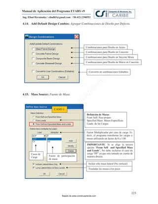 Manual de Aplicación del Programa ETABS v9
Ing. Eliud Hernández / eliudh5@gmail.com / 58-412-2390553

4.14. Add Default Design Combos: Agregar Combinaciones de Diseño por Defecto.




                                                       Combinaciones para Diseño en Acero
                                                       Combinaciones para Diseño en Concreto
                                                       Combinaciones para Diseño en Sección Mixta
                                                       Combinaciones para Diseño de Muros en Concreto




                                                                          m
                                                          Convertir en combinaciones Editables




                                                                     co
                                                                    e.
                                                            nd
                                                        re
                                                   Ap
4.15. Mass Source: Fuente de Masa.
                                                ru
                                           st
                                      on




                          CASO 1
                                   C




                                                        Definición de Masas:
                                                        From Self: Peso propio
                             de




                                                        Specified Mass: Masas Específicas.
                                                        Loads: de las Cargas
                          o
                     ad




                                                        Factor Multiplicador por caso de carga. Es
                     j
                  Ba




                                                        decir, el programa transforma las cargas a
                                                        masas utilizando un factor de 0 a 1.00

                                                        IMPORTANTE: Si se elige la tercera
                                                        opción “From Self and Specified Mass
                                                        and Loads”, No debe incluirse el caso de
       Casos de                                         carga “PP” ya que esta tomado en cuenta de
                      Factor de participación           manera directa.
       Carga
                      de masa.
                                                         Incluir sólo masa lateral (No vertical)
                                                         Trasladar las masas a los pisos




                                                                                                   123
                                 Bajado de www.construaprende.com
 