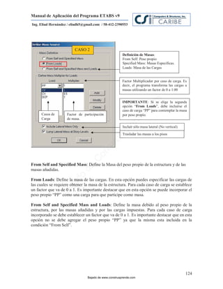 Manual de Aplicación del Programa ETABS v9
Ing. Eliud Hernández / eliudh5@gmail.com / 58-412-2390553




                         CASO 2
                                                        Definición de Masas:
                                                        From Self: Peso propio
                                                        Specified Mass: Masas Específicas.
                                                        Loads: Masa de las Cargas


                                                        Factor Multiplicador por caso de carga. Es
                                                        decir, el programa transforma las cargas a
                                                        masas utilizando un factor de 0 a 1.00




                                                                           m
                                                        IMPORTANTE:
                                                        IMPORTANTE: Si se elige la segunda
                                                        opción “From Loads”, debe incluirse el
                                                                 From Loads”,




                                                                      co
                                                        caso de carga “PP” para contemplar la masa




                                                                    e.
      Casos de      Factor de participación             por peso propio.
      Carga         de masa.



                                                            nd
                                                        Incluir sólo masa lateral (No vertical)
                                                        re
                                                   Ap
                                                        Trasladar las masas a los pisos
                                               ru
                                           st
                                      on
                                   C




From Self and Specified Mass: Define la Masa del peso propio de la estructura y de las
                        Mass:
                             de




masas añadidas.
                          o




From Loads: Define la masa de las cargas. En esta opción puedes especificar las cargas de
              :
                     ad




las cuales se requiere obtener la masa de la estructura. Para cada caso de carga se establece
                    j




un factor que va de 0 a 1. Es importante destacar que en esta opción se puede incorporar el
                 Ba




peso propio “PP” como una carga para que participe como masa.

From Self and Specified Mass and Loads: Define la masa debido al peso propio de la
estructura, por las masas añadidas y por las cargas impuestas. Para cada caso de carga
incorporado se debe establecer un factor que va de 0 a 1. Es importante destacar que en esta
opción no se debe agregar el peso propio “PP” ya que la misma esta incluida en la
condición “From Self”.




                                                                                                  124
                                 Bajado de www.construaprende.com
 