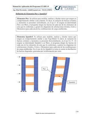 Manual de Aplicación del Programa ETABS v9
Ing. Eliud Hernández / eliudh5@gmail.com / 58-412-2390553

   Definición de Elementos Pier y Spandrel:

     Elementos Pier: Se utilizan para modelar, analizar y diseñar muros que tengan un
     comportamiento similar a una columna. Es decir, la variación de fuerzas cortantes
     y momentos se presentan verticalmente, en el eje Z. Al asignar un determinado
     Pier a un Muro, el programa integra las fuerzas de cada uno de los elementos de
     area que lo conforman, y genera los diagramas de solicitaciones (Axiales, Corte y
     Momentos) para cada una de las combinaciones de carga establecidas.



     Elementos Spandrel: Se utilizan para modelar, analizar y diseñar muros que
     tengan un comportamiento similar a una Viga-Dintel. Es decir, la variación de
     fuerzas cortantes y momentos se presentan horizontalmente, en el eje X o Y. Al




                                                                         m
     asignar un determinado Spandrel a un Muro, el programa integra las fuerzas de




                                                                    co
     cada uno de los elementos de area que lo conforman, y genera los diagramas de




                                                                    e.
     solicitaciones (Axiales, Cortes y Momentos) para cada una de las combinaciones



                                                            nd
     de carga establecidas. En el caso de los Spandrel se toma en cuenta la distribución
     de fuerzas diagonales, generadas por la deformación por corte.
                                                        re
                                                   Ap
                                               ru
                                           st
                                      on
                                   C
                             de




                                            Pier
                          o
                  j  ad
               Ba




                                                                             Spandrel
                                                                             e




                                                                                        139
                                 Bajado de www.construaprende.com
 