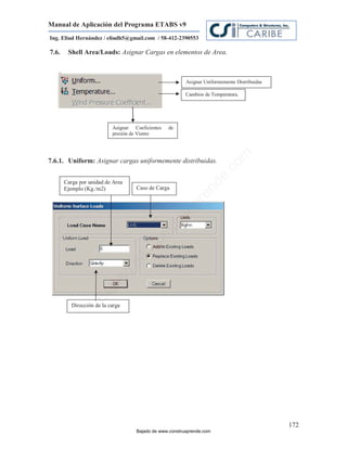 Manual de Aplicación del Programa ETABS v9
Ing. Eliud Hernández / eliudh5@gmail.com / 58-412-2390553

7.6.    Shell Area/Loads: Asignar Cargas en elementos de Area.



                                                         Asignar Uniformemente Distribuidas

                                                         Cambios de Temperatura.




                           Asignar Coeficientes   de
                           presión de Viento




                                                                              m
7.6.1. Uniform: Asignar cargas uniformemente distribuidas.




                                                                         co
                                                                       e.
       Carga por unidad de Area



                                                               nd
       Ejemplo (Kg./m2)             Caso de Carga

                                                           re
                                                       Ap
                                                  ru
                                              st
                                          on
                                      C
                                  de
                              o
                     j  ad
                  Ba




          Dirección de la carga
            rección




                                                                                              172
                                    Bajado de www.construaprende.com
 