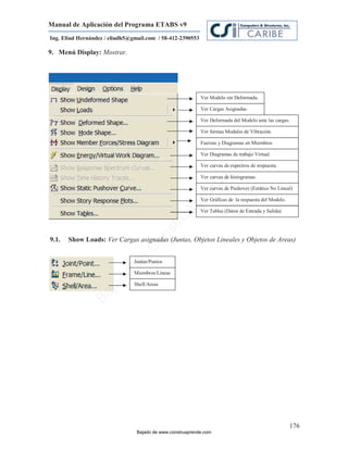 Manual de Aplicación del Programa ETABS v9
Ing. Eliud Hernández / eliudh5@gmail.com / 58-412-2390553

9. Menú Display: Mostrar.




                                                            Ver Modelo sin Deformada.

                                                            Ver Cargas Asignadas.

                                                            Ver Deformada del Modelo ante las cargas.

                                                            Ver formas Modales de Vibración.

                                                            Fuerzas y Diagramas en Miembros

                                                            Ver Diagramas de trabajo Virtual.




                                                                            m
                                                                      co
                                                            Ver curvas de espectros de respuesta.




                                                                    e.
                                                            Ver curvas de histogramas.




                                                            nd
                                                            Ver curvas de Pushover (Estático No Lineal)

                                                        re  Ver Gráficas de la respuesta del Modelo.
                                                   Ap
                                                            Ver Tablas (Datos de Entrada y Salida)
                                                ru
                                              st
                                       on




9.1.   Show Loads: Ver Cargas asignadas (Juntas, Objetos Lineales y Objetos de Areas)
                                   C
                             de




                                Juntas/Puntos

                                Miembros/Líneas
                          o
                     ad




                                Shell/Areas
                  j
               Ba




                                                                                                       176
                                 Bajado de www.construaprende.com
 