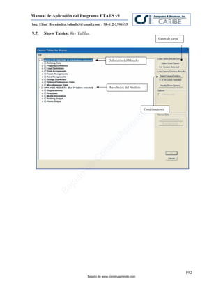 Manual de Aplicación del Programa ETABS v9
Ing. Eliud Hernández / eliudh5@gmail.com / 58-412-2390553

9.7.   Show Tables: Ver Tablas.
                                                                                  Casos de carga




                                               Definición del Modelo




                                               Resultados del Análisis




                                                                            m
                                                                         co
                                                                         Combinaciones




                                                                    e.
                                                             nd
                                                         re
                                                   Ap
                                               ru
                                           st
                                      on
                                   C
                             de
                          o
                  j  ad
               Ba




                                                                                                   192
                                 Bajado de www.construaprende.com
 