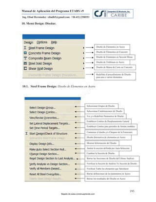 Manual de Aplicación del Programa ETABS v9
Ing. Eliud Hernández / eliudh5@gmail.com / 58-412-2390553

10. Menú Design: Diseñar.




                                                                    Diseño de Elementos en Acero

                                                                    Diseño de Elementos en Concreto

                                                                    Diseño de Elementos en Sección Mixta

                                                                    Diseño de Tridilosas en Acero

                                                                    Diseño de Muros de Corte en Concreto




                                                                            m
                                                                       co
                                                                    Redefinir el procedimiento de Diseño
                                                                    para uno o varios elementos.




                                                                    e.
                                                            nd
10.1. Steel Frame Design: Diseño de Elementos en Acero
                                                        re
                                                   Ap
                                               ru
                                           st



                                                         Seleccionar Grupos de Diseño
                                      on




                                                         Seleccionar Combinaciones de Diseño
                                   C




                                                         Ver y/o Redefinir Parámetros de Diseño
                             de




                                                         Establecer Límites de Desplazamiento Lateral
                          o
                     ad




                                                         Establecer Límites para períodos de formas modales
                  j




                                                         Comenzar el diseño y/o Chequeo de la Estructura
               Ba




                                                         Diseño Interactivo de elementos en Acero

                                                         Mostrar Información del Diseño

                                                         Anular la sección definida por Auto-Selección

                                                         Cambiar la Sección de Diseño

                                                         Borrar las Secciones de Diseño del Ultimo Análisis

                                                         Verificar la Sección de Análisis Vs Sección de Diseño

                                                         Verificar Todos los elementos que Satisfacen

                                                         Borrar definiciones de los parámetros en Acero

                                                         Borrar los resultados del Diseño en Acero




                                                                                                         193
                                 Bajado de www.construaprende.com
 