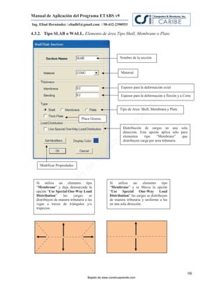 Manual de Aplicación del Programa ETABS v9
Ing. Eliud Hernández / eliudh5@gmail.com / 58-412-2390553

4.3.2. Tipo SLAB o WALL. Elemento de área Tipo Shell, Membrane o Plate.




                                                          Nombre de la sección



                                                           Material



                                                           Espesor para la deformación axial

                                                           Espesor para la deformación a flexión y a Corte




                                                                              m
                                                                         co
                                                          Tipo de Area: Shell, Membrana y Plate




                                                                        e.
                                Placa Gruesa.



                                                                nd
                                                            re
                                                            Distribución de cargas en una sola
                                                            dirección. Esta opción aplica sólo para
                                                       Ap
                                                            elementos      tipo    “Membrane”     que
                                                            distribuyen carga por area tributaria
                                                   ru
                                                st
                                           on
                                       C




    Modificar Propiedades
                                de
                            o
                       ad




  Si utiliza un elemento tipo                      Si    utiliza   un     elemento     tipo
  “Membrane” y deja desmarcada la
               ”                                   “Membrane” y se Marca la opción
                   j
                Ba




           Use
  opción “Use Special One-Way Load                 “Use Special One-Way Load
  Distribution””   las     cargas     se           Distribution” las cargas se distribuyen
  distribuyen de manera tributaria a las           de manera tributaria y uniforme a las
  vigas a traves de triángulos y/o                 en una sola dirección.
  trapecios.




                                                                                                        98
                                     Bajado de www.construaprende.com
 