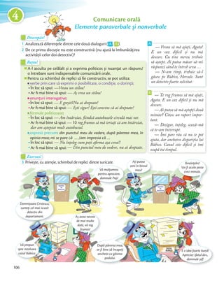 Descopăr!Descopăr!Descopăr!
1 Analizează diferențele dintre cele două dialoguri ( A , B ).Analizează diferențele dintre cele două dialoguri (Analizează diferențele dintre cele două dialoguri (
2 De ce prima discuție nu este constructivă (nu ajută la îmbunătățirea
activității celor doi detectivi)?
Descopăr!Descopăr!
Comunicare orală
Elemente paraverbale și nonverbale
— Vreau să mă ajuți, Agata!
E un caz dificil și nu mă
descurc. Cu tine mereu trebuie
să aștept. Ai putea măcar să-mi
răspunzi când te întreb ceva …
— N-am timp, trebuie să-l
găsesc pe Bùbico, Hercule. Sunt
un detectiv foarte solicitat.
A
— Te rog frumos să mă ajuți,
Agata. E un caz dificil și nu mă
descurc.
— Ai putea să mă aștepți două
minute? Citesc un raport impor-
tant.
— Desigur, înțeleg, scuză-mă
că te-am întrerupt.
— Îmi pare rău că nu te pot
ajuta, dar anchetez dispariția lui
Bùbico. Cazul este dificil și îmi
ocupă tot timpul.
BB
A-l asculta pe celălalt și a exprima politicos și nuanțat un răspuns/
o întrebare sunt indispensabile comunicării orale.
Pentru ca schimbul de replici să fie constructiv, se pot utiliza:
verbe prin care să exprimi o posibilitate, o condiție, o dorință:
În loc să spui: —Vreau un stilou!
Ar ﬁ mai bine să spui: — Aș vrea un stilou!
enunțuri interogative:
În loc să spui: — E greșit!/Nu ai dreptate!
Ar ﬁ mai bine să spui: — Ești sigur? Ești convins că ai dreptate?
formule politicoase:
În loc să spui: — Am întârziat, fiindcă autobuzele circulă mai rar.
Ar ﬁ mai bine să spui: — Vă rog frumos să mă iertați că am întârziat,
dar am așteptat mult autobuzul.
expresii precum: din punctul meu de vedere, după părerea mea, în
opinia mea; mi se pare că … /am impresia că …
În loc să spui: — Nu înțeleg cum poți afirma așa ceva?!
Ar ﬁ mai bine să spui: — Din punctul meu de vedere, nu ai dreptate.
A-l asculta pe celălalt și a exprima politicos și nuanțat un răspuns/
Rețin!
A-l asculta pe celălalt și a exprima politicos și nuanțat un răspuns/
Rețin!
Exersez!Exersez
3 Privește, cu atenție, schimbul de replici dintre suricate.Privește, cu atenție, schimbul de replici dintre suricate.Privește, cu atenție, schimbul de replici dintre suricate.Privește, cu atenție, schimbul de replici dintre suricate.
Domnișoara Cristescu,
sunteți cel mai iscusit
detectiv din
departament.
Vă propun
spre rezolvare
cazul Bùbico.
Privește, cu atenție, schimbul de replici dintre suricate.Privește, cu atenție, schimbul de replici dintre suricate.Privește, cu atenție, schimbul de replici dintre suricate.
Vă mulțumesc
pentru apreciere,
domnule Pop!
Ați putea
veni în biroul
meu?
Bineînțeles!
Voi fi acolo peste
cinci minute.
Aș avea nevoie
de mai multe
date, vă rog
frumos!
După părerea mea,
ar fi bine să începeți
ancheta cu găsirea
podului.
E o idee foarte bună!
Apreciez sfatul dvs.,
domnule șef!
106
4
 
