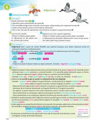 Descopăr!Descopăr!Descopăr!
1 Citește cele două texte ( A , B ).
a) Identifică toate substantivele din textul A.
b) Din textul B, extrage toate cuvintele care însoțesc substantivele, prin raportare la textul A.
c) Unde au fost plasate aceste cuvinte față de substantiv?
d) De ce este mai ușor de reprezentat cocorul printr-un desen cu ajutorul textului B?
Adjectivul
Genul și numărul
, extrage toate cuvintele care însoțesc substantivele, prin raportare la textul A.
Cocorul este o pasăre.
Trăiește în mlaștini, pajiști, păduri.
Se diferențiază de alte păsări prin:
cioc, picioare, gât și penaj.
Elegantul cocor este o pasăre migratoare.
Trăiește în mlaștini izolate, pajiști umede, păduri inundabile.
Se diferențiază de alte păsări călătoare prin: ciocul ascuțit, picioa-
rele subțiri, gâtul lung și penajul cenușiu.
BA
Îmi amintesc!Îmi amintesc!
Adjectivul este o parte de vorbire flexibilă care exprimă însușirea unui obiect (denumit printr-un
substantiv/substitut al substantivului).
Prin adjectiv se aduce o informație, o precizare cu privire la substantivul pe care îl însoțește.
pasăre migratoare ce fel de pasăre ? – migratoare
subst. adj.
ciocul subțire ce fel de cioc ? – subțire
subst. adj.
Adjectivul poate fi plasat în față sau după substantiv. Exemplu: elegantul cocor; gâtul lung.
Adjectivul plasat în fața substantivului preia articolul hotărât de la acesta: elegantul (în textul A, primul
substantiv este cocorul, articulat cu articolul hotărât –l; în textul B, același substantiv apare cu forma
cocor, deoarece adjectivul elegant, plasat în fața sa, a preluat articolul hotărât).
Exemplu: bujor roșu (pl.) bujori roșii/bujorii roșii (pl., cu subst. art. hotărât) roșiii bujori
Adjectivul se acordă în gen și număr cu substantivul de care depinde.
Exemple: - mlaștini izolate (adjectiv la genul feminin, numărul plural); la singular: mlaștină izolată;
- copac izolat (adjectiv la genul masculin, numărul singular); la plural: copaci izolați.
Observă formele adjectivului izolat la feminin și la plural. La genul feminin, numărul singular primește
desinența -ă, iar la plural, desinențele -e (la genul feminin) și -i (la genul masculin).
Un adjectiv se poate raporta la mai multe substantive; atunci, acordul se face la plural.
- Dacă substantivele au același gen, adjectivul preia genul acestora (o lalea și o garoafă udate).
- Dacă substantivele nu au același gen, adjectivul are forma de masculin, plural (o lalea și un bujor udați).
Verbele la modul participiu devin adjective când se acordă în gen și număr cu substantivul (verbul a izola
are forma de participiu izolat; acesta devine adjectiv în situațiile: casă izolată, case izolate, obicei izolat,
obiceiuri izolate).
Unele adjective au aceeași formă la feminin și la masculin. De exemplu, adjectivul cu forma de plural subțiri
din textul B. La singular, are forma subțire, atât pentru masculin, cât și pentru feminin.
Singular Plural
perdea/biscuit subțire perdele/biscuiți subțiri
În dicționar, primele forme ale adjectivelor sunt cele de masculin și de feminin, numă-
rul singular, urmate de formele de plural.
Adjectivul plasat în fața substantivului preia articolul hotărât de la acesta:
Rețin!
Adjectivul plasat în fața substantivului preia articolul hotărât de la acesta:Adjectivul plasat în fața substantivului preia articolul hotărât de la acesta:
Rețin!
MIGRATOR, -OARE,
migratori,-oare,
adj. Care migrează;
călător.
116
4
 