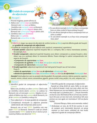 Descopăr!Descopăr!Descopăr!
1 Privind imaginea, putem afirma că:
A. Bùbico este la fel de mare ca Zambilica.
Bismarck este mai mare ca Bùbico.
Zambilica este mai puțin mare ca Bismarck.
B. Zambilica este cea mai elegantă dintre câini.
Bismarck este cel mai puțin elegant dintre câini.
C. Zambilica este foarte frumoasă.
Bùbico este tare cuminte.
Bismarck este extraordinar de rău.
Rețin!Rețin!
Adjectivul, singur sau ajutat de alte părți de vorbire (scrise cu bleu), exprimă diferite grade ale însușirii
sau gradele de comparație ale adjectivului.
Gradele de comparație ale unui adjectiv sunt: pozitivul, comparativul, superlativul.
Gradul pozitiv: adjectivul exprimă însușirea fără a o compara, fără a marca intensitatea acesteia.
De exemplu: bun.
Gradul comparativ: adjectivul exprimă însușirea unui obiect comparată cu aceeași însușire a altui
obiect sau cu a aceluiași obiect în momente diferite. Putem distinge în cadrul comparativului trei
aspecte ale însușirii:
Comparativ de superioritate: mai bun.
Comparativ de egalitate: la fel de bun, tot așa (tot atât) de bun.
Comparativ de inferioritate: mai puțin bun.
Gradul superlativ: adjectivul exprimă cel mai înalt grad al însușirii sau cel mai scăzut.
Poate fi:
relativ de superioritate: cel mai bun sau de inferioritate: cel mai puțin bun.
absolut de superioritate:foartebun,extraordinardebun,tarebunsaude inferioritate:foartepuținbun.
Atenție! Există adjective care nu acceptă mărcile gradării. De exemplu: anterior, inferior, posterior, superior,
maxim, minim, colosal, enorm, extraordinar, gigantic, grozav, teribil, uriaș, perfect, viu, unic, orășenesc etc.
Exersez!Exersez!
2 Identifică gradul de comparație al adjectivului
cuminte.
Bùbico este, de obicei, un câine cuminte. Când o vede
pe Zambilica devine foarte cuminte. La vederea lui
Bismarck este cel mai puțin cuminte. Stăpâna lui con-
sideră că Bùbico este mai cuminte decât Bismarck și la
fel de cuminte ca Zambilica, mătușa lui.fel de
3 Trece adjectivul rar la toate gradele de comparație.Trece adjectivul
4 Completează enunțurile cu adjective potrivite
(altele decât cele menționate până acum):
Bismarck este cel mai . Zambilica este mai
puțin ca Bismarck. Domnul îl crede pe câinele
cucoanei foarte . Gestul lui de a-l arunca pe fe-
reastră pe Bùbico este destul de .
5 Identifică gradul de comparație al adjectivelor:
Așezată pe câmp, ferită de soare, Balta nu era goa-
lă, ci plină de broaște. Unele mai mari, altele mai mici.
Rana-Manana era cea mai bătrână dintre ele și avea cei
mai mulți copii. Le și pierduse șirul. […] Fiecare mormoloc
era bun la ceva. Mormolocul 98 era cel mai iute, mormo-
locul 246 avea cei mai mari ochi, mormolocul 585 avea
privirea cea mai ageră, iar mormolocul 1249 era foarte
înțelept.
(Victoria Pătrașcu, Molo, acest mormoloc visător)
6 Alcătuiește un text, de 50-70 de cuvinte, în care
să compari, prin intermediul descrierii, un peisaj
montan cu unul marin, utilizând cât mai multe
adjective la grade de comparație diferite.
a) În care dintre exemple (A, B, C) se face o comparație
între un câine și altul în baza aceleiași însușiri?
b) În care dintre exemple se face o comparație între un
câine și ceilalți?
c) În care dintre exemple nu se face nicio comparație
între câini?
Gradele de comparație
ale adjectivului
118
4
 