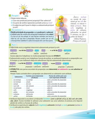 Atributul
Descopăr!Descopăr!Descopăr!
1 Citește textul alăturat.
a) Care este predicatul primei propoziții? Dar subiectul?
b) Ce parte de vorbire reprezintă cuvintele scrise cu mov?
c) Ce adjective pot fi puse în relație cu substantivele prințesă
și ochi?
„Într-o sticluță
cu esență de rom,
uitată pe un raft din
cămară, s-a născut o
mică prințesă. Avea
ochi migdalați și
pielea de culoarea
șofranului, iar părul
îi mirosea un pic a
șerbet de lămâie.”
(Adina Popescu,
Prințesa de esență)
Descopăr!Descopăr!
Rețin!Rețin!
Adjectivele mică și migdalați determină substantivele prințesă și ochi.
prințesă ce fel de prințesă ? – mică
substantiv adectiv
ochi ce fel de ochi ? – migdalați
substantiv adectiv
Aceste adjective îndeplinesc la nivelul propoziției funcția de ATRIBUT.
Substantivele esență și rom îndeplinesc funcția de atribut, se analizează împreună cu prepozițiile care
le însoțesc și care realizează relația de subordonare față de substantivele determinate.
sticluță ce fel de sticluță ? – cu esență
substantiv prepoziție + substantiv
esență care esență ? – de rom
substantiv prepoziție + substantiv
ATRIBUTUL este partea secundară de propoziție care determină un substantiv sau un substitut al
acestuia.
Atenție! Toate cuvintele dintr-o propoziție care determină un substantiv sunt atribute.
Atributul răspunde la una dintre următoarele întrebări: care?, ce fel de?, al (a, ai, ale) cui?, cât (câtă,
câți, câte)?. Aceste întrebări le adresezi unui substantiv sau unui substitut al acestuia și îți răspund
părțile de vorbire cu funcția de atribut.
Atributul se exprimă prin: adjectiv (ochi migdalați), substantiv (sticluță cu rom), pronume (cartea de
la ea), alte părți de vorbire.
Substantive
Cuvinte care le determină
(Atribute)
Partea de vorbire prin care
sunt exprimate atributele
(o) sticluță cu esență subst. precedat de prepoziție
(o) sticluță uitată adjectiv
esență de rom subst. precedat de prepoziție
(un) raft din cămară subst. precedat de prepoziție
(o) prințesă mică adjectiv
ochi migdalați adjectiv
pielea de culoarea subst. precedat de prepoziție
culoarea șofranului substantiv
șerbet de lămâie subst. precedat de prepoziție
și
Îmi amintesc!Îmi amintesc!
Părțile principale de propoziție sunt predicatul și subiectul.
Celelalte părți de vorbire din propoziție îndeplinesc alte roluri.
Ca într-un joc de echipă, în care fiecare membru are locul și
rolul lui, tot așa într-o propoziţie, fiecare cuvânt are un rol,
o funcţie bine stabilită în cadrul enunţului din care face parte.
prințesă
cu esență de rom,
uitată pe un
cămară, s-a născut o
mică
ochi
pielea
șofranului, iar părul
îi mirosea un pic a
șerbet de lămâie.”
subiectul.
roluri.
Ca într-un joc de echipă, în care fiecare membru are locul și
rolul lui, tot așa într-o propoziţie, fiecare cuvânt are un rol,
o funcţie bine stabilită în cadrul enunţului din care face parte.
127
 