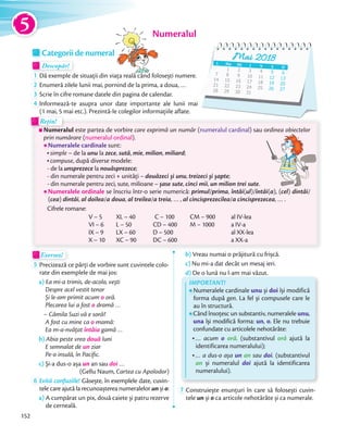 Descopăr!Descopăr!Descopăr!
1 Dă exemple de situații din viața reală când folosești numere.Dă exemple de situații din viața reală când folosești numere.
2 Enumeră zilele lunii mai, pornind de la prima, a doua, …Enumeră zilele lunii mai, pornind de la prima, a doua, …
3 Scrie în cifre romane datele din pagina de calendar.Scrie în cifre romane datele din pagina de calendar.
4 Informează-te asupra unor date importante ale lunii mai
(1 mai, 5 mai etc.). Prezintă-le colegilor informațiile aflate.
Numeralul
Exersez!Exersez!
5 Precizează ce părți de vorbire sunt cuvintele colo-
rate din exemplele de mai jos:
a) Ea mi-a trimis, de-acolo, vești
Despre acel vestit tenor
Și le-am primit acum o oră.
Plecarea lui a fost o dramă …
– Cămila Suzi vă e soră?
A fost cu mine ca o mamă:
Ea m-a-nvățat întâia gamă …
b) Abia peste vreo două luni
E semnalat de un ziar
Pe-o insulă, în Pacific.
c) Și-a dus-o așa un an sau doi …
(Gellu Naum, Cartea cu Apolodor)
6 Evită confuziile! Găsește, în exemplele date, cuvin-
tele care ajută la recunoașterea numeralelor un și o:
a) A cumpărat un pix, două caiete și patru rezerve
de cerneală.
b) Vreau numai o prăjitură cu frișcă.
c) Nu mi-a dat decât un mesaj ieri.
d) De o lună nu l-am mai văzut.
7 Construiește enunțuri în care să folosești cuvin-
tele un și o ca articole nehotărâte și ca numerale.
d)
IMPORTANT!
Numeralele cardinale unu și doi își modifică
forma după gen. La fel și compusele care le
au în structură.
Când însoțesc un substantiv, numeralele unu,
una își modifică forma: un, o. Ele nu trebuie
confundate cu articolele nehotărâte:
… acum o oră. (substantivul oră ajută la
identificarea numeralului);
… a dus-o așa un an sau doi. (substantivul
an și numeralul doi ajută la identificarea
numeralului).
(1 mai, 5 mai etc.). Prezintă-le colegilor informațiile aflate.
Rețin!
(1 mai, 5 mai etc.). Prezintă-le colegilor informațiile aflate.(1 mai, 5 mai etc.). Prezintă-le colegilor informațiile aflate.
Rețin!
Numeralul este partea de vorbire care exprimă un număr (numeralul cardinal) sau ordinea obiectelor
prin numărare (numeralul ordinal).
Numeralele cardinale sunt:
simple – de la unu la zece, sută, mie, milion, miliard;
compuse, după diverse modele:
- de la unsprezece la nouăsprezece;
- din numerale pentru zeci + unități – douăzeci și unu, treizeci și șapte;
- din numerale pentru zeci, sute, milioane – șase sute, cinci mii, un milion trei sute.
Numeralele ordinale se înscriu într-o serie numerică: primul/prima, întâi(ul)/întâi(a), (cel) dintâi/
(cea) dintâi, al doilea/a doua, al treilea/a treia, … , al cincisprezecilea/a cincisprezecea, … .
Cifrele romane:
V – 5 XL – 40 C – 100 CM – 900 al IV-lea
VI – 6 L – 50 CD – 400 M – 1000 a IV-a
IX – 9 LX – 60 D – 500 al XX-lea
X – 10 XC – 90 DC – 600 a XX-a
Categorii de numeral Mai 2018L Ma Mi J V S D
) sau ordinea obiectelor
întâi( ), (cel) dintâi/
5
152
 