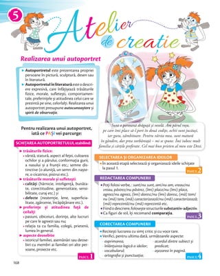 Atelier
creațiede ț
Sunt o persoană drăguţă și veselă. Am părul roșu,
pe care îmi place să-l port în două codiţe, ochii sunt jucăuși,
iar gura, zâmbitoare. Pentru vârsta mea, sunt matură
în gândire, dar prea vorbăreaţă – mi se spune. Îmi iubesc mult
familia și cărţile preferate. Cel mai bun prieten al meu este Dexi.
trăsăturile fizice:
vârstă, statură, aspect al feţei, culoarea
ochilor și a părului, conformaţia gurii,
a nasului și a frunţii etc.; semne dis-
tinctive (o aluniţă, un semn din naște-
re, o cicatrice, pistrui etc.).
trăsăturile morale și sufletești:
calităţi (hărnicie, inteligenţă, bunăta-
te, corectitudine, generozitate, sensi-
bilitate, curaj etc.) și
defecte (neatenţie, lene, superficia-
litate, zgârcenie, încăpățânare etc.).
preferinţe și atitudinea faţă de
ceilalţi:
pasiuni, obiceiuri, dorinţe, alte lucruri
pe care le agreezi sau nu;
relaţia ta cu familia, colegii, prietenii,
lumea în general.
aspecte deosebite:
istoricul familiei, asemănări sau deose-
biri cu membri ai familiei ori alte per-
soane, proiecte etc.
Recitești lucrarea cu simț critic și cu voce tare.
Veriﬁci, pentru ultima dată, următoarele aspecte:
Realizarea unui autoportret
SCHIŢAREAAUTOPORTRETULUI,stabilind:
SELECTAREA ȘI ORGANIZAREA IDEILOR
1PASUL
2PASUL
3PASUL
Poţi folosi verbe, : sunt/nu sunt, am/nu am, vreau/nu
vreau, păstrez/nu păstrez, (îmi) place/nu (îmi) place,
agreez/nu agreez, (îmi) doresc/nu (îmi) doresc, (mă) tem/
nu (mă) tem, (mă) caracterizează/nu (mă) caracterizează;
(mă) reprezintă/nu (mă) reprezintă etc.
Fiindodescriere,foloseștestructurilesubstantiv-adjectiv.
Ca figuri de stil, îți recomand comparaţia.
REDACTAREA COMPUNERII
- exprimarea;
- înlănțuirea logică a ideilor;
- vocabularul;
- ortograﬁa și punctuația;
- acordul dintre subiect și
predicat;
- așezarea în pagină.
CORECTAREA COMPUNERII
4PASUL
Autoportretul este prezentarea propriei
persoane în pictură, sculptură, desen sau
în literatură.
Autoportretulînliteraturăesteodescri-
ere expresivă, care înfăţișează trăsăturile
fizice, morale, sufletești, comportamen-
tale, preferinţele și atitudinea celui care se
prezintă pe sine, celorlalţi. Realizarea unui
autoportret presupune autocunoaștere și
spirit de observaţie.
Pentru realizarea unui autoportret,
iată ce PAȘI vei parcurge:
În această etapă selectează și organizează ideile schițate
la pasul 1.
5
168
 