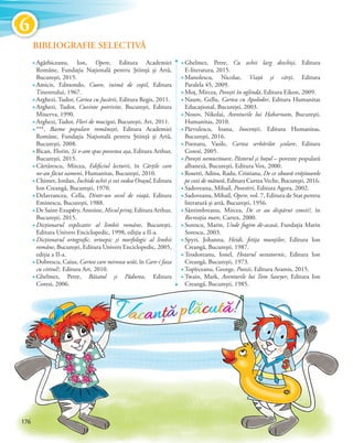1
BIBLIOGRAFIE SELECTIVĂ
Vacanță plăcută!
Agârbiceanu, Ion, Opere, Editura Academiei
Române, Fundația Națională pentru Știință și Artă,
București, 2015.
Amicis, Edmondo, Cuore, inimă de copil, Editura
Tineretului, 1967.
Arghezi, Tudor, Cartea cu Jucării, Editura Regis, 2011.
Arghezi, Tudor, Cuvinte potrivite, București, Editura
Minerva, 1990.
Arghezi, Tudor, Flori de mucigai, București, Art, 2011.
***, Basme populare românești, Editura Academiei
Române, Fundația Națională pentru Știință și Artă,
București, 2008.
Bican, Florin, Și v-am spus povestea așa, Editura Arthur,
București, 2015.
Cărtărescu, Mircea, Edificiul lecturii, în Cărțile care
ne-au făcut oameni, Humanitas, București, 2010.
Chimet, Iordan, Închide ochii și vei vedea Orașul, Editura
Ion Creangă, București, 1970.
Delavrancea, Cella, Dintr-un secol de viaţă, Editura
Eminescu, București, 1988.
De Saint-Exupéry, Antoine, Micul prinţ, Editura Arthur,
București, 2015.
Dicționarul explicativ al limbii române, București,
Editura Univers Enciclopedic, 1998, ediția a II-a.
Dicționarul ortografic, ortoepic și morfologic al limbii
române, București, Editura Univers Enciclopedic, 2005,
ediția a II-a.
Dobrescu, Caius, Cartea care mirosea urât, în Care-i faza
cu cititul?, Editura Art, 2010.
Ghelmez, Petre, Băiatul și Pădurea, Editura
Coresi, 2006.
Ghelmez, Petre, Cu ochii larg deschiși, Editura
E-literatura, 2015.
Manolescu, Nicolae, Viață și cărți, Editura
Paralela 45, 2009.
Moţ, Mircea, Povești în oglindă, Editura Eikon, 2009.
Naum, Gellu, Cartea cu Apolodor, Editura Humanitas
Educaţional, București, 2003.
Nosov, Nikolai, Aventurile lui Habarnam, București,
Humanitas, 2010.
Pârvulescu, Ioana, Inocenții, Editura Humanitas,
București, 2016.
Poenaru, Vasile, Cartea serbărilor școlare, Editura
Coresi, 2005.
Povești nemuritoare, Păstorul și hoțul – poveste populară
albaneză, București, Editura Vox, 2000.
Rosetti, Adina, Radu, Cristiana, De ce zboară vrăjitoarele
pe cozi de mătură, Editura Curtea Veche, București, 2016.
Sadoveanu, Mihail, Povestiri, Editura Agora, 2002.
Sadoveanu, Mihail, Opere, vol. 7, Editura de Stat pentru
literatură și artă, București, 1956.
Sântimbreanu, Mircea, De ce au dispărut zmeii?, în
Recreația mare, Cartex, 2000.
Sorescu, Marin, Unde fugim de-acasă, Fundația Marin
Sorescu, 2003.
Spyri, Johanna, Heidi, fetiţa munţilor, Editura Ion
Creangă, București, 1987.
Teodoreanu, Ionel, Hotarul nestatornic, Editura Ion
Creangă, București, 1973.
Topîrceanu, George, Poezii, Editura Aramis, 2015.
Twain, Mark, Aventurile lui Tom Sawyer, Editura Ion
Creangă, București, 1985.
176
BIBLIOGRAFIE SELECTIVĂ
6
 