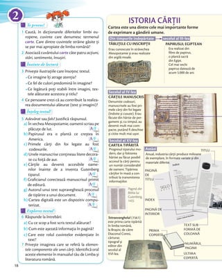 Te provoc!Te provoc!Te provoc!
1 Caută, în dicționarele diferitelor limbi eu-
ropene, cuvinte care denumesc termenul
carte. Care dintre cuvintele străine găsite ți
se par mai apropiate de limba română?
2 Asociază cuvântului carte câte patru acțiuni,
stări, sentimente, însușiri.
Înainte de lecturăÎnainte de lecturăÎnainte de lectură
3 Privește ilustrațiile care însoțesc textul.
Ce imagine îți atrage atenția?
Ce fel de culori predomină în imagine?
Ce legătură poți stabili între imagini, tex-
tele alăturate acestora și titlu?
4 Ce persoane crezi că au contribuit la realiza-
rea documentului alăturat (text și imagini)?
Înțeleg textul!Înțeleg textul!Înțeleg textul!
5 Adevărat sau fals? Justiﬁcă răspunsul.
a) În vechea Mesopotamie, oamenii scriau pe
plăcuțe de lut. A/F
b) Papirusul era o plantă ce creștea în
America. A/F
c) Primele cărți din foi legate au fost
codexurile. A/F
d) Unele manuscrise conțineau litere decora-
te cu foiță de aur. A/F
e) Cărțile au devenit accesibile oame-
nilor înainte de a inventa Gutenberg
tiparul. A/F
f) Graficianul corectează manuscrisul primit
de editură. A/F
g) Autorul unui text supraveghează procesul
de tipărire a unui document. A/F
h) Cartea digitală este un dispozitiv compu-
terizat. A/F
Explorez textul!Explorez textulExplorez textul
6 Răspunde la întrebări:
a) Cu ce scop a fost scris textul alăturat?
b) Cum este așezată informația în pagină?
c) Care este rolul cuvintelor evidențiate în
text?
7 Privește imaginea care se referă la elemen-
tele componente ale unei cărți. Identiﬁcă oral
aceste elemente în manualul tău de Limba și
literatura română.
ISTORIA CĂRȚII
Din timpurile îndepărtate secolul al III-lea
Erau cunoscute în străvechea
Mesopotamie și erau realizate
din argilă moale.
TĂBLIȚELE CU INSCRIPȚII
Era realizat din
fibre de papirus,
o plantă sacră
din Egipt.
Cel mai vechi
papirus datează de
acum 5.000 de ani.
PAPIRUSUL EGIPTEAN
Secolul al IV-lea
Denumite codexuri,
manuscrisele au fost pri-
mele cărți din foi legate
(îndoite și cusute). Erau
făcute din hârtie de per-
gament și, cu timpul, au
devenit mult mai com-
pacte, putând fi deschise
și citite mult mai ușor.
Progresul tiparului mo-
dern, dar și folosirea
hârtiei au făcut posibil
accesul la cărți pentru
un număr considerabil
de oameni. Tipărirea
cărților în masă a con-
tribuit la transmiterea
informațiilor.
Tetraevanghelul (1561)
este prima carte tipărită
în limba română,
la Brașov, de către
Diaconul Coresi,
cărturar,
tipograf și
editor din
secolul al
XVI-lea.
Secolul al XV-lea
CĂRȚILE MANUSCRIS
CARTEA TIPĂRITĂ
Pagină din
Biblia lui
Gutenberg,
1455
Astăzi
Anual, industria cărții produce milioane
de exemplare, în formate variate și din
materiale diferite.
PAGINĂ
DE
TITLU
INDEX
PAGINĂ DE
INTERIOR
PRIMA
COPERTĂ
ULTIMA
COPERTĂ
TITLU
TEXT SUB
FORMĂ DE
COLOANĂ
NUMĂRUL
PAGINII
Cartea este una dintre cele mai importante forme
de exprimare a gândirii umane.
18
2
 