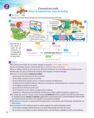Comunicare orală
Roluri în comunicare. Acte de limbaj
Descopăr!Descopăr!Descopăr!
1 Citește, cu atenție, fiecare situație de comunicare exemplificată mai jos.
2 Pornind de la
cele două si-
tuații de co-
municare (A,
B), răspunde la
întrebările din
schema dată.
Descopăr!Descopăr!
Participanții la
Olimpiada de Lingvistică gă-
sesc acum online și modele de
subiecte pentru concurs.
Citește, cu atenție, fiecare situație de comunicare exemplificată mai jos.
Am luat premiul I
la Olimpiada de
Lingvistică!
Felicitări! Îl meriţi!
Ai lucrat mult
pentru asta!
Îţi mulţumesc,
Flexi!
A B
Rețin!Rețin!
În comunicarea orală, cel care emite mesajul se numește vorbitor sau emiţător.
Cel care primește mesajul, care îl ascultă este ascultătorul sau receptorul.
Într-un dialog, rolurile se pot inversa: pe rând, atât vorbitorul, cât și ascultătorul își schimbă rolurile.
Informaţia sau știrea transmisă de emiţător către receptor constituie mesajul.
Pentru a se face înţeles, vorbitorul trebuie:
• să pronunţe clar și suficient de tare cuvintele;
• să formuleze enunţuri corecte și concise;
• să nu se abată de la subiect, pentru a menţine interesul ascultătorului;
• să folosească formulele de adresare adecvate, în funcţie de: vârsta receptorului, contextul comunicării;
• să își adapteze mesajul la receptor;
• să-și privească interlocutorul în ochi;
• să nu folosească un ton ridicat și să gesticuleze moderat;
• să păstreze o distanță suficientă față de interlocutor, evitând, așadar, apropierile exagerate etc.
La rândul său, pentru a recepta corect mesajul, ascultătorul trebuie să aplice tehnicile ascultării active.
În ascultarea activă, atenția și empatia (capacitatea unei persoane de a resimți/împărtăși sentimentele
și emoțiile unei alte persoane) sunt atitudini comunicative esențiale.
Ascultarea activă este o caracteristică fundamentală a comunicării, care favorizează schimburile ver-
bale corecte.
Un ascultător activ trebuie să ajute la crearea spațiului favorabil schimbului verbal:
• să fie atent la mesajul interlocutorului și să rețină informațiile transmise de acesta;
• să nu critice, să nu judece ce spune interlocutorul, ci să manifeste o atitudine neutră și binevoitoare;
CINE
- vorbește?
- ascultă?
CE
comunică?
CUM
comunică?
UNDE
se află personajele?
este contextul?
CARE
COMUNICARE ORALĂ
20
2
 