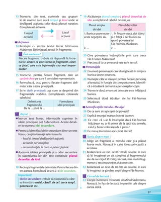 13 Transcrie, din text, cuvintele sau grupuri-
le de cuvinte care arată timpul și locul unde se
desfășoară acțiunea celor două planuri narative.
Completează schema.Completează schema.
Timpul
acțiunii
Locul
acțiunii
AcțiuneaAcțiuneaAcțiunea
14 Recitește cu atenție textul literar Făt-Frumos
Măzărean. Delimitează textul în fragmente.. Delimitează textul în fragmente.
Îmi amintesc!Îmi amintesc!
Fiecare fragment trebuie să răspundă la între-
bările: despre ce este vorba în fragment?, cine?,
ce face?, care este informația cea mai impor-
tantă?
15 Transcrie, pentru fiecare fragment, câte un
cuvânt-cheie pe care îl consideri reprezentativ.
16 Formulează, oral, pentru fiecare fragment deli-
mitat câte o idee principală.
17 Scrie ideile principale, așa cum se desprind din
fragmentele stabilite. Completează coloanele
tabelului.
Delimitarea
fragmentului
Formularea
ideii principale
De la … până la …
Într-un text literar, informațiile cuprinse în
ideile principale pot fi dezvoltate. Aceste detali-
eri se numesc idei secundare.
Pentru a identifica ideile secundare dintr-un text
literar, cauți informații referitoare la:
- locul și timpul desfășurării acțiunii;
- acțiunile personajelor;
- circumstanțele în care se petrec faptele.
Așezarea ideilor principale și a celor secundare
în succesiunea lor din text constituie planul
dezvoltat de idei.
Într-un text literar, informațiile cuprinse în
Rețin!
Într-un text literar, informațiile cuprinse în
Rețin!Rețin!
18 Reciteștefragmenteledelimitate.Pentrufiecaredin-
tre acestea, formulează în scris 2-3 idei secundare.
Important!
Ideile secundare trebuie să răspundă la câte-
va întrebări: unde?, când?, de ce?, cu ce scop?,
pentru ce? etc.
19 Alcătuiește planul simplu și planul dezvoltat de
idei, completând tabelul de mai jos.
Planul simplu
de idei
Planul dezvoltat
de idei
1. Bunica spune o po-
veste nepoților săi.
2. …
1. În fiecare seară, doi băieți
și o fetiță îi cer bunicii să
spună povestea lui
Făt-Frumos Măzărean.
2. …
20 Cine povestește întâmplările prin care trece
Făt-Frumos Măzărean?Făt-Frumos Măzărean?
21 Precizează la ce persoană este scris textul.
Personajele
22 Enumeră personajele care dialoghează în timp ce
bunica spune povestea.
23 Numește câte o însușire pentru fiecare personaj
al textului, în funcție de comportament. Identifi-
că o trăsătură comună a personajelor-copii.că o trăsătură comună a personajelor-copii.
24 Transcrie două enunțuri prin care este înfățișată
bunica.
25 Selectează două trăsături ale lui Făt-Frumos
Măzărean.
Semnificațiile textului. MesajulSemnificațiile textului. MesajulSemnificațiile textului. Mesajul
26 De ce sunt atrași copiii de povești?De ce sunt atrași copiii de povești?
27 Explică enunțul marcat în text cu mov.Explică enunțul marcat în text cu mov.
28 Ce crezi că s-ar fi întâmplat dacă Făt-Frumos
Măzărean nu ar fi primit de la tatăl său armele,
calul și binecuvântarea de a pleca?calul și binecuvântarea de a pleca?
29 Ce mesaj transmite acest text literar?
Scriu despre text!Scriu despre text!Scriu despre text!Scriu despre text!Scriu despre text!
30 Alege un fragment al textului care ți-a plăcut
foarte mult. Notează în caiet ideea principală a
acestuia.
31 Redactează un text, de 80-100 de cuvinte, în care
să îți imaginezi un alt conținut al fragmentului
ales la exercițiul 30. Citiți, în clasă, mai multe frag-
mente și recompuneți o altă povestire.mente și reco
32 Redactează un text, de 80-100 de cuvinte, în care
îți imaginezi ce gândesc copiii despre Făt-Frumos.
Cercul de lecturăCercul de lectură
33 Citește Dumbrava minunată de Mihail Sadoveanu.
Notează, în fișa de lectură, impresiile tale despre
cartea citită.
37
 