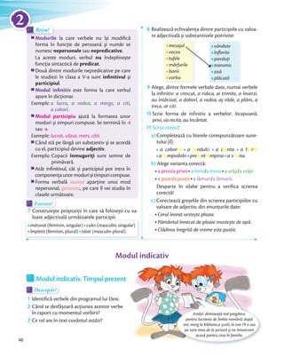 Modurile la care verbele nu îşi modiﬁcă
forma în funcţie de persoană şi număr se
numesc nepersonale sau nepredicative.
La aceste moduri, verbul nu îndeplineşte
funcţia sintactică de predicat.
Două dintre modurile nepredicative pe care
le studiezi în clasa a V-a sunt inﬁnitivul şi
participiul.
Modul inﬁnitiv este forma la care verbul
apare în dicţionar.
Exemple: a lucra, a vedea, a merge, a citi,
a coborî
Modul participiu ajută la formarea unor
moduri şi timpuri compuse. Se termină în -t
sau -s.
Exemple: lucrat, văzut, mers, citit.
Când stă pe lângă un substantiv şi se acordă
cu el, participiul devine adjectiv.
Exemplu: Copacii înmuguriţi sunt semne de
primăvară.
Atât inﬁnitivul, cât și participiul pot intra în
componenţaunormodurişitimpuricompuse.
Forma verbală auzind aparţine unui mod
nepersonal, gerunziu, pe care îl vei studia în
clasele următoare.
Modurile
Rețin!
Modurile
Rețin!Rețin!
Exersez!Exersez!
7 Construiește propoziţii în care să folosești cu va-
loare adjectivală următoarele participii:loare adjectivală următoarele participii:
măturat (feminin, singular)(feminin, singular) cules (masculin, singular)
împletit (feminin, plural)(feminin, plural) tăiat (masculin plural).
8 Realizează echivalenţa dintre participiile cu valoa-
re adjectivală și substantivele potrivite:
vândute
înﬂorite
pierduţi
transmis
zisă
plăcută
mesajul
vocea
tufele
mărfurile
banii
vorba
mesajul
mărfurile
9 Alege, dintre formele verbale date, numai verbele
la infinitiv: a crescut, a ridica, ai trimite, a înverzi,
au întârziat, a doborî, a vedea, aș râde, a plâns, a
trece, ar citi.
10 Scrie forma de infinitiv a verbelor: începuseră,
privi, va recita, au încântat.privi, va recita, au încântat.
11 Scriu corect!
a) Completează cu literele corespunzătoare sune-
tului [î]:
a cobora cobor a ndulci a c nta a ta t rr
a mpodobimpodobi pre ntnt mpinampina a v na.
b) Alege varianta corectă:
a privi/a priviia privii a înmi/a înmiia înmii a vrăji/a vrăjii
a pusti/a pustiia pustii a lămuri/a lămurii.
Desparte în silabe pentru a verifica scrierea
corectă!
c) Corectează greșelile din scrierea participiilor cu
valoare de adjectiv, din enunţurile date:
Cerul înorat vestește ploaie.
Pământul înnecat de ploaie mustește de apă.
Clădirea înegrită de vreme este pustie.
Modul indicativ. Timpul prezent
Astăzi: dimineaţă mă pregătesc
pentru lucrarea de limba română; după
ore, merg la biblioteca școlii; la ora 19 o iau
pe sora mea de la pictură și ne întoarcem
acasă pentru cina în familie.
Descopăr!Descopăr!Descopăr!
1 Identifică verbele din programul lui Dexi.Identifică verbele din programul lui Dexi.
2 Când se desfășoară acţiunea acestor verbe
în raport cu momentul vorbirii?în raport cu momentul vorbirii?
3 Ce rol are în text cuvântul astăzi?
Modul indicativ
46
2
 