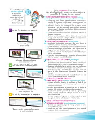 În plus, pe CD găsești
varianta digitală
a manualului,
completată cu
numeroase activități
multimedia
de învățare (AMII),
descrise mai jos!
ACTIVITĂȚI MULTIMEDIA ANIMATE
Materiale video pentru
textele-suport
Materiale video pentru fixarea
unor conținuturi noi
ACTIVITĂȚI MULTIMEDIA STATICE
Jocuri, exerciții, teste de evaluare variate
și foarte antrenante
ACTIVITĂȚI MULTIMEDIA INTERACTIVEACTIVITĂȚI MULTIMEDIA INTERACTIVE
Planșe didactice pentru fixarea
unor conținuturi noi
Iată ce competenţe îți vei forma
până la finalul călătoriei noastre prin minunata lume a
manualului de Limba și literatura română!
PARTICIPAREA LA INTERACŢIUNI VERBALE în diverse
situaţii de comunicare, prin receptarea şi producerea textului oral
✶ Identificarea temei, a unor informaţii esenţiale şi de detaliu, a
intenţiilor de comunicare explicite şi/sau a comportamentelor care
exprimă emoţii din texte narative, monologate sau dialogate.
✶ Prezentarea orală, pe baza unor repere date de profesor, a unor
informaţii şi a unor idei, exprimând opinii, emoţii şi sentimente
prin participarea la discuţii pe teme familiare, de interes sau pornind
de la textele ascultate/citite.
✶ Identificarea unor elemente paraverbale şi nonverbale, în funcţie de
situaţia de comunicare.
✶ Realizarea unei interacţiuni verbale cu doi interlocutori, folosind
strategii simple de ascultare activă și manifestând un comportament
comunicativ politicos faţă de interlocutor(i).
1
2RECEPTAREA TEXTULUI SCRIS de diverse tipuri
✶ Identificarea informaţiilor importante din texte literare și
nonliterare, continue, discontinue şi multimodale.
✶ Identificareatemeișiaideilorprincipaleșisecundaredintextediverse.
✶ Formularea unui răspuns personal şi/sau a unui răspuns creativ pe
marginea unor texte de diferite tipuri, pe teme familiare.
✶ Manifestarea interesului și focalizarea atenţiei în timpul lecturii unor
texte pe teme familiare.
✶ Observarea comportamentelor şi a atitudinilor de lectură, identi-
ficând aspectele care necesită îmbunătățire.
REDACTAREA TEXTULUI SCRIS de diverse tipuri
✶ Redactarea unui text scurt pe teme familiare, având în vedere etapele
procesului de scriere și structurile specifice, pentru a comunica idei
și informaţii sau pentru a relata experiențe trăite sau imaginate.
✶ Redactarea, individual şi/sau în echipă, a unui text simplu, pe o
temă familiară, cu integrarea unor imagini, desene, scheme.
✶ Analizarea constantă a propriului scris/a unor texte diverse din
punctul de vedere al corectitudinii, al lizibilităţii, al coerenţei şi al
clarităţii.
✶ Observarea atitudinilor manifestate în procesul redactării unui text,
identificând aspectele care necesită îmbunătățire.
3
4
5
UTILIZAREA CORECTĂ, ADECVATĂ
ŞI EFICIENTĂ A LIMBII în procesul comunicării orale și scrise
✶ Utilizarea achiziţiilor sintactice şi morfologice de bază ale lim-
bii române standard pentru înţelegerea şi exprimarea corectă a
intenţiilor comunicative.
✶ Aplicarea achiziţiilor lexicale şi semantice de bază, în procesul de
înţelegere şi de exprimare corectă a intenţiilor comunicative.
✶ Monitorizarea propriei pronunţii şi scrieri şi a pronunţiei şi
scrierii celorlalţi, valorificând achiziţiile fonetice de bază în
interacţiunea verbală.
✶ Utilizarea competenţei lingvistice în corelaţie cu gândirea logică/
analogică, în procesul de învăţare pe tot parcursul vieţii.
EXPRIMAREA IDENTITĂȚII LINGVISTICE
ȘI CULTURALE PROPRII în context național și internațional
✶ Asocierea unor experiențe proprii de viață și de lectură cu acelea
provenind din alte culturi.
✶ Identificarea unor valori culturale promovate în textele autorilor
români din diferite perioade istorice.
1
5
 