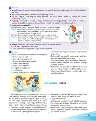 Modulimperativaratăacţiuniposibileşiexprimăordinul,sfatulsaurugămintea,îndemnuldeaîndeplini
o acțiune.
Are forme numai pentru persoana a II-a, singular și plural.
Nu are timpuri. Este singurul mod personal ale cărui forme diferă în funcție de aspect:
aﬁrmativ şi negativ.
Propoziţia construită cu un verb la modul imperativ se numeşte propoziţie imperativă. În vorbire, se
recunoaşte după intonaţia speciﬁcă, iar în scris poate ﬁ marcată prin semnul exclamării.
Structura imperativului:
Atenție! Verbul a ﬁ are la imperativ forme diferite de ale indicativului.
Fii acasă la timp! Fiţi acasă la timp!!
Nu ﬁ pe drumuri noaptea! Nu ﬁţi pe drumuri noaptea!
Modulimperativ
Rețin!
Modulimperativ
Rețin!Rețin!
Structura imperativului:
. În vorbire, se
recunoaşte după intonaţia speciﬁcă, iar în scris poate ﬁ marcată prin semnul exclamării.
Aﬁrmativ:Aﬁrmativ: persoana a II-a, singular: Cântă persoana a II-a, plural: Cântaţi!
Negativ:Negativ: persoana a II-a, singular: Nu cânta! (negaţie + inﬁnitivul verbului)
persoana a II-a, plural: Nu cântaţi! (negaţie + forma de pers. a II-a
a modului indicativ, timpul prezent).
Aﬁrmativ:Aﬁrmativ: persoana a II-a, singular: Stai!! persoana a II-a, plural: Staţi!
Negativ:Negativ: persoana a II-a, singular: Nu sta! (negaţie + inﬁnitivul verbului)
persoana a II-a, plural: Nu staţi! (negaţie + forma de pers. a II-a
a modului indicativ, timpul prezent).
Exersez!Exersez!
4 Identificănumaiformeledeimperativdinexemplele:
a) Dă-mi o foaie, te rog!
b) Nu-mi dă niciodată nimic!
c) Fii atent la rezolvarea exerciţiului!
d) Vine cu mine la teatru.
e) Vino cu mine la teatru!
f) Treci pe la mine adeseori.
g) Treci la lecţii!
h) Le-a dat ordin: Luaţi-vă echipamentul!
5 Transcrie, din exerciţiul anterior, numai propoziţiile
imperative.imperative.
6 Descoperă, în exerciţiul 4, cuvintele care ajută la re-
cunoașterea verbelor la imperativ.cunoașterea verbelor la imperativ.
7 Scrie următoarele verbe la imperativ, forma afir-
mativă și forma negativă: a da, a explica, a merge,
a plânge, a coborî.a plânge, a coborî
8 Redactează o conversaţie, de 6-8 replici, având unul
dintre următoarele titluri: La bibliotecă/La cumpă-
rături/În parc. Folosește cinci verbe la modul impe-
rativ. Subliniază-le.
1 Alcătuiește propoziții cu verbele date la modul in-
dicativ,timpul,persoanașinumărulprecizatemaijos:
a visa: timpul mai-mult-ca-perfect, pers. a II-a, sg.
a crea: timpul imperfect, pers. a III-a, pl. a trece:
timpul viitor, pers. I, sg. a citi: timpul perfect simplu,
pers. a II-a, pl. a coborî: timpul prezent, pers. a III-a, sg.pers. a II-a, pl.
2 Precizează timpul, persoana și numărul formelor
verbale la modul indicativ: hotărî, sperii, voi poves-
ti, am ascultat, supravegheaserăți, plecau.
3 Folosește, pe rând, verbele a avea, a vrea și a fi cu
valoare predicativă și valoare de auxiliar.valoare predicativă și valoare de auxiliar.
4 Alege forma corectă:
Fi/Fii atent la semafor! Nu fi/fii grăbit la traversare!Fi
5 Scrie infinitivul verbelor: fabricasem, am tropăit,
veghearăm, voi trece, târăsc.veghearăm, voi trece, târăsc
6 Construiește câte un enunț în care verbul la impe-
rativ să exprime: o strigare, o interdicție, o poruncă,
un îndemn, o urare.
Consolidare: verbul
53
 