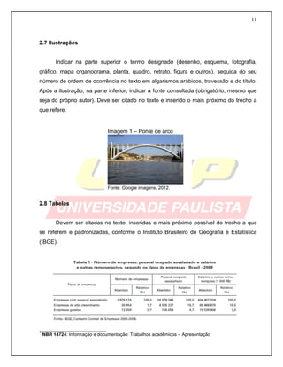 11 
2.7 Ilustrações 
Indicar na parte superior o termo designado (desenho, esquema, fotografia, gráfico, mapa organograma, planta, quadro, retrato, figura e outros), seguida do seu número de ordem de ocorrência no texto em algarismos arábicos, travessão e do título. Após a ilustração, na parte inferior, indicar a fonte consultada (obrigatório, mesmo que seja do próprio autor). Deve ser citado no texto e inserido o mais próximo do trecho a que refere. 
2.8 Tabelas 
Devem ser citadas no texto, inseridas o mais próximo possível do trecho a que se referem e padronizadas, conforme o Instituto Brasileiro de Geografia e Estatística (IBGE). 
__________________________ 
1 NBR 14724: Informação e documentação: Trabalhos acadêmicos – Apresentação 
Imagem 1 – Ponte de arco 
Fonte: Google imagens, 2012. 
 