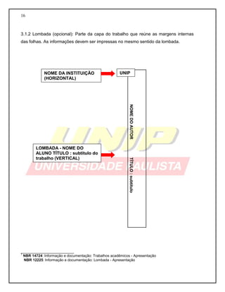 16 
3.1.2 Lombada (opcional): Parte da capa do trabalho que reúne as margens internas das folhas. As informações devem ser impressas no mesmo sentido da lombada. 
__________________________ 
1 NBR 14724: Informação e documentação: Trabalhos acadêmicos - Apresentação 
NBR 12225: Informação e documentação: Lombada - Apresentação 
NOME DO AUTOR TÍTULO : subtítulo 
NOME DA INSTITUIÇÃO (HORIZONTAL) 
LOMBADA - NOME DO ALUNO TÍTULO : subtítulo do trabalho (VERTICAL) 
UNIP  