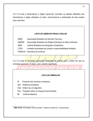 25 
3.2.1.12 Lista e Abreviaturas e Siglas (opcional): Consiste na relação alfabética das abreviaturas e siglas utilizadas no texto, recomenda-se a elaboração de lista própria para cada tipo. 
3.2.1.13 Lista de Símbolos (opcional): Elaborada de acordo com a ordem em que os símbolos aparecem no texto, com o devido significado. 
__________________________ 
1 NBR 14724: Informação e documentação: Trabalhos acadêmicos - Apresentação 
LISTA DE ABREVIATURAS E SIGLAS 
ABNT Associação Brasileira de Normas Técnicas 
ABEMA Associação Brasileira de Órgãos Estaduais do Meio Ambiente 
IBGE Instituto Brasileiro de Geografia e Estatística 
LTDA Limitada (sociedade por quotas e responsabilidade limitada) 
PANECO Panorama Econômico 
LISTA DE SÍMBOLOS 
C Conjunto dos números complexos 
dab Distância euclidiana 
O(n) Ordem de um algoritmo 
Psp Projeção sobre um espaço linear fechado 
Xt Variável aleatória 
 