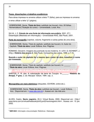 30 
Teses, dissertações e trabalhos acadêmicos 
Para obras impressa no anverso utilizar a letra “f” (folha), para as impressa no anverso e verso utilizar a letra “p” (página). 
SILVA, J. C. Estudo de uma fonte de informação secundária. 2001. 27 f. Dissertação (Mestrado em Informação) – Universidade KWZ, São Paulo, 2001. 
Parte de monografia (capítulo, volume, fragmento e outras partes de uma obra). 
ROMANO, Giovanni. Imagens da juventude na era moderna. In: LEVI, G; SCHMIDT, J. (Org.). História dos jovens 2. São Paulo: Companhia das Letras, 1996. p.7-16. 
Quando o autor do capítulo for o mesmo que o autor da obra, substituir o nome por travessão. 
SANTOS, F. R. dos. A colonização da terra do Tucujús. In:______. História do Amapá, 1º grau. 2. ed. Macapá: Valcan, 1994. cap. 3. 
Monografias em meio eletrônico (disquetes, CD-ROM, online etc.). 
ALVES, Castro. Navio negreiro. [S.l.]: Virtual Books, 2000. Disponível em: <http:// www.terra.com.br/virtual/freebook/port/Lport2/navionegreiro.htm>. Acesso em: 10 jan. 2002. 
________________________ 
2 NBR 6023: informação e documentação: Referência - Elaboração SOBRENOME, Nome. Título do livro: subtítulo (se houver). Ano. 00 folhas. Nomenclatura (Titulação do curso) – Universidade, Local, Ano. SOBRENOME, Nome. Título do capítulo: subtítulo (se houver). In: Autor do Capítulo. Título da obra. Local: Editora, Ano. Páginas. SOBRENOME, Nome. Título do capítulo: subtítulo (se houver). In: ______. Título da obra. Local: Editora, Ano. Páginas. SOBRENOME, Nome. Título da obra: subtítulo (se houver). Local: Editora, Ano. Disponível em: < www.site.com.br>. Acesso em: dia mês ano.  