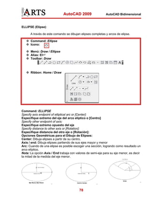 AutoCAD 2009

AutoCAD Bidimensional

ELLIPSE (Elipse):
A través de este comando se dibujan elipses completas y arcos de elipse.
Command: Ellipse
Icono:
Menú: Draw / Ellipse
Alias: El
Toolbar: Draw

Ribbon: Home / Draw

Command: ELLIPSE
Specify axis endpoint of elliptical arc or [Center]:
Especifique extremo del eje del arco elíptico o [Centro]
Specify other endpoint of axis:
Especifique extremo opuesto del eje
Specify distance to other axis or [Rotation]:
Especifique distancia del otro eje o [Rotación]:
Opciones Geométricas para el Dibujo de Elipses:
Center: Dibuja elipses a partir de su centro.
Axis / end: Dibuja elipses partiendo de sus ejes mayor y menor
Arc: Cuando de una elipse es posible escoger una sección, logrando como resultado un
arco elíptico.
Nota: La opción Axis / End trabaja con valores de semi-eje para su eje menor, es decir
la mitad de la medida del eje menor.

78

 