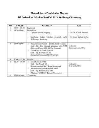 Manual Acara Pembekalan Magang
D3 Perbankan Fakultas Syari’ah IAIN Walisongo Semarang

NO
1.
2.

3.

4.
5.

6.

WAKTU
08.00 – 08.30
08.30-09.00

09.00-12.00

12.00 – 12.30
12.30 – 15.00

15.00-selesai

KEGIATAN
Registrasi
Pembukaan
- Laporan Panitia Magang

- Sambutan Dekan Fakultas Syari’ah IAIN
Walisongo Semarang
1. Aktivitas dan Produk – produk Bank Syariah
oleh : Bp. Drs. Ahmad Mujahid, MS., MM
(Direktur Utama BPRS PNM Binama)
2. Etika Kerja di Bank Syari’ah
Oleh : Bp. H. Purwadi, SE
(Penyelia Pemasaran BNI Syari’ah)

Istirahat
1. Etika Kerja di BMT
Oleh : Bp. Yusuf, SE
(Ketua Asosiasi BMT Kota Semarang)
2. Aktivitas dan Produk-produk BMT
Oleh : Bp. Erwin Saleh, S.IP
(Manager SDI BMT Tamzis Wonosobo)
Penutupan

KET

- Drs. H. Wahab Zaenuri
- Dr. Imam Yahya, M.Ag

Moderator :
Ratno Agriyanto, M.Si

Moderator:
R. Arfan R, M.Si

 