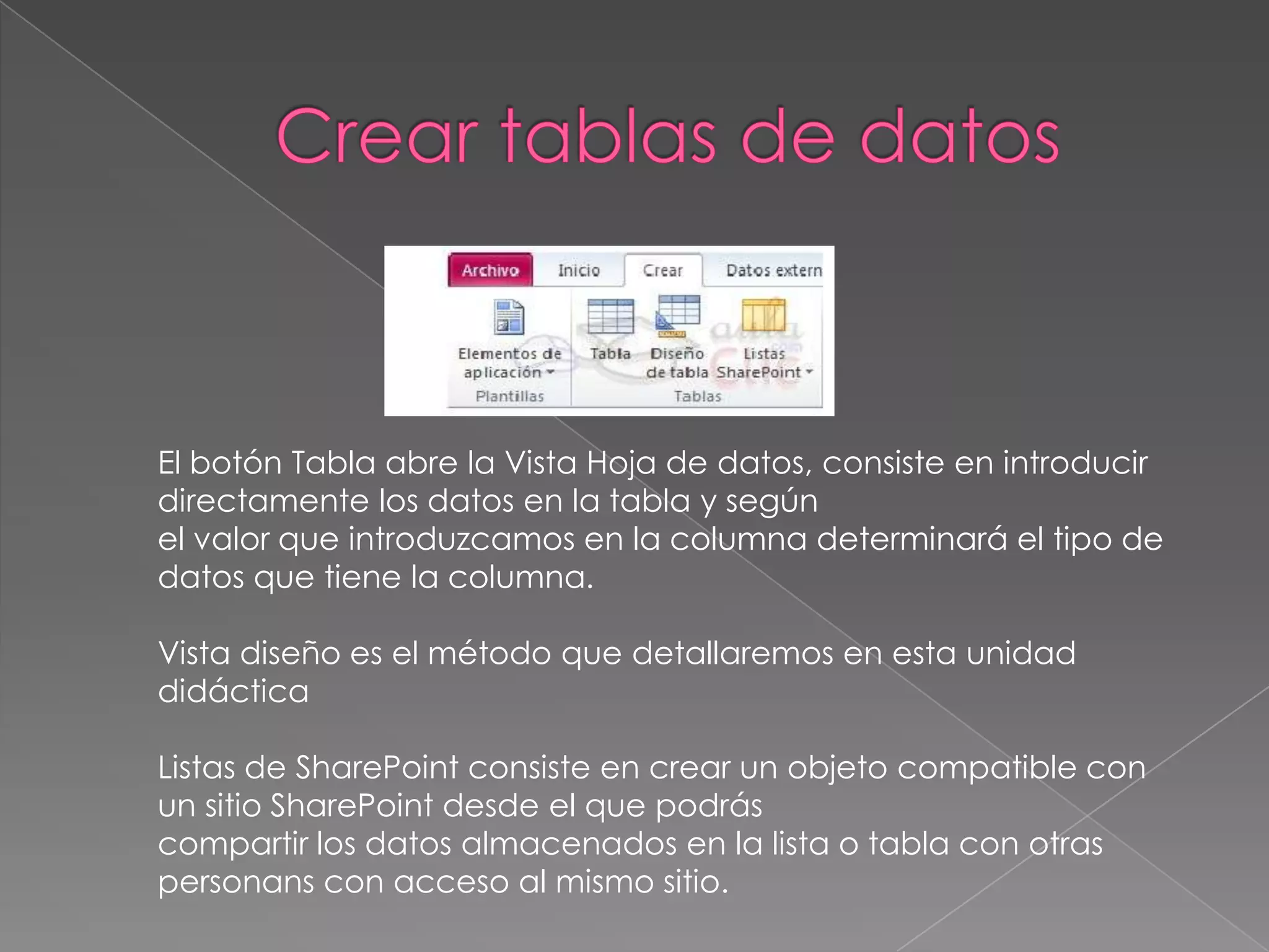 El botón Tabla abre la Vista Hoja de datos, consiste en introducir
directamente los datos en la tabla y según
el valor que introduzcamos en la columna determinará el tipo de
datos que tiene la columna.
Vista diseño es el método que detallaremos en esta unidad
didáctica
Listas de SharePoint consiste en crear un objeto compatible con
un sitio SharePoint desde el que podrás
compartir los datos almacenados en la lista o tabla con otras
personans con acceso al mismo sitio.
 