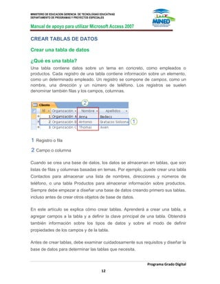 MINISTERIO DE EDUCACION GERENCIA DE TECNOLOGIAS EDUCATIVAS
DEPARTAMENTO DE PROGRAMAS Y PROYECTOS ESPECIALES
Manual de apoyo para utilizar Microsoft Access 2007
Programa Grado Digital
12
CREAR TABLAS DE DATOS
Crear una tabla de datos
¿Qué es una tabla?
Una tabla contiene datos sobre un tema en concreto, como empleados o
productos. Cada registro de una tabla contiene información sobre un elemento,
como un determinado empleado. Un registro se compone de campos, como un
nombre, una dirección y un número de teléfono. Los registros se suelen
denominar también filas y los campos, columnas.
Registro o fila
Campo o columna
Cuando se crea una base de datos, los datos se almacenan en tablas, que son
listas de filas y columnas basadas en temas. Por ejemplo, puede crear una tabla
Contactos para almacenar una lista de nombres, direcciones y números de
teléfono, o una tabla Productos para almacenar información sobre productos.
Siempre debe empezar a diseñar una base de datos creando primero sus tablas,
incluso antes de crear otros objetos de base de datos.
En este artículo se explica cómo crear tablas. Aprenderá a crear una tabla, a
agregar campos a la tabla y a definir la clave principal de una tabla. Obtendrá
también información sobre los tipos de datos y sobre el modo de definir
propiedades de los campos y de la tabla.
Antes de crear tablas, debe examinar cuidadosamente sus requisitos y diseñar la
base de datos para determinar las tablas que necesita.
 