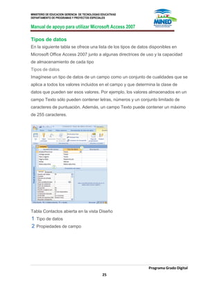 MINISTERIO DE EDUCACION GERENCIA DE TECNOLOGIAS EDUCATIVAS
DEPARTAMENTO DE PROGRAMAS Y PROYECTOS ESPECIALES
Manual de apoyo para utilizar Microsoft Access 2007
Programa Grado Digital
25
Tipos de datos
En la siguiente tabla se ofrece una lista de los tipos de datos disponibles en
Microsoft Office Access 2007 junto a algunas directrices de uso y la capacidad
de almacenamiento de cada tipo
Tipos de datos
Imagínese un tipo de datos de un campo como un conjunto de cualidades que se
aplica a todos los valores incluidos en el campo y que determina la clase de
datos que pueden ser esos valores. Por ejemplo, los valores almacenados en un
campo Texto sólo pueden contener letras, números y un conjunto limitado de
caracteres de puntuación. Además, un campo Texto puede contener un máximo
de 255 caracteres.
Tabla Contactos abierta en la vista Diseño
Tipo de datos
Propiedades de campo
 