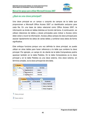 MINISTERIO DE EDUCACION GERENCIA DE TECNOLOGIAS EDUCATIVAS
DEPARTAMENTO DE PROGRAMAS Y PROYECTOS ESPECIALES
Manual de apoyo para utilizar Microsoft Access 2007
Programa Grado Digital
42
¿Qué es una clave principal?
Una clave principal es un campo o conjunto de campos de la tabla que
proporcionan a Microsoft Office Access 2007 un identificador exclusivo para
cada fila. En una base de datos relacional como Office Access 2007, la
información se divide en tablas distintas en función del tema. A continuación, se
utilizan relaciones de tablas y claves principales para indicar a Access cómo
debe volver a reunir la información. Access utiliza campos de clave principal para
asociar rápidamente los datos de varias tablas y combinar esos datos de forma
significativa.
Este enfoque funciona porque una vez definida la clave principal, se puede
utilizar en otras tablas para hacer referencia a la tabla que contiene la clave
principal. Por ejemplo, un campo Id. de cliente de la tabla Compradores podría
aparecer también en la tabla Pedidos. En la tabla Compradores es la clave
principal y en la tabla Pedidos es una clave externa. Una clave externa, en
términos simples, es la clave principal de otra tabla.
Clave principal
Clave externa
 