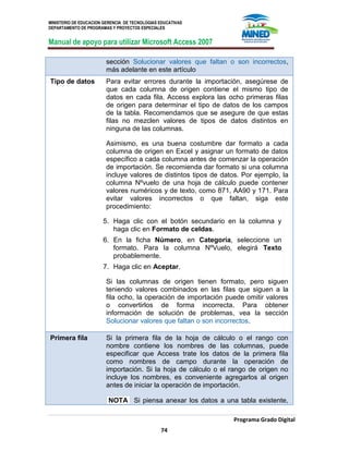 MINISTERIO DE EDUCACION GERENCIA DE TECNOLOGIAS EDUCATIVAS
DEPARTAMENTO DE PROGRAMAS Y PROYECTOS ESPECIALES
Manual de apoyo para utilizar Microsoft Access 2007
Programa Grado Digital
74
sección Solucionar valores que faltan o son incorrectos,
más adelante en este artículo
Tipo de datos Para evitar errores durante la importación, asegúrese de
que cada columna de origen contiene el mismo tipo de
datos en cada fila. Access explora las ocho primeras filas
de origen para determinar el tipo de datos de los campos
de la tabla. Recomendamos que se asegure de que estas
filas no mezclen valores de tipos de datos distintos en
ninguna de las columnas.
Asimismo, es una buena costumbre dar formato a cada
columna de origen en Excel y asignar un formato de datos
específico a cada columna antes de comenzar la operación
de importación. Se recomienda dar formato si una columna
incluye valores de distintos tipos de datos. Por ejemplo, la
columna Nºvuelo de una hoja de cálculo puede contener
valores numéricos y de texto, como 871, AA90 y 171. Para
evitar valores incorrectos o que faltan, siga este
procedimiento:
5. Haga clic con el botón secundario en la columna y
haga clic en Formato de celdas.
6. En la ficha Número, en Categoría, seleccione un
formato. Para la columna NºVuelo, elegirá Texto
probablemente.
7. Haga clic en Aceptar.
Si las columnas de origen tienen formato, pero siguen
teniendo valores combinados en las filas que siguen a la
fila ocho, la operación de importación puede omitir valores
o convertirlos de forma incorrecta. Para obtener
información de solución de problemas, vea la sección
Solucionar valores que faltan o son incorrectos.
Primera fila Si la primera fila de la hoja de cálculo o el rango con
nombre contiene los nombres de las columnas, puede
especificar que Access trate los datos de la primera fila
como nombres de campo durante la operación de
importación. Si la hoja de cálculo o el rango de origen no
incluye los nombres, es conveniente agregarlos al origen
antes de iniciar la operación de importación.
NOTA Si piensa anexar los datos a una tabla existente,
 