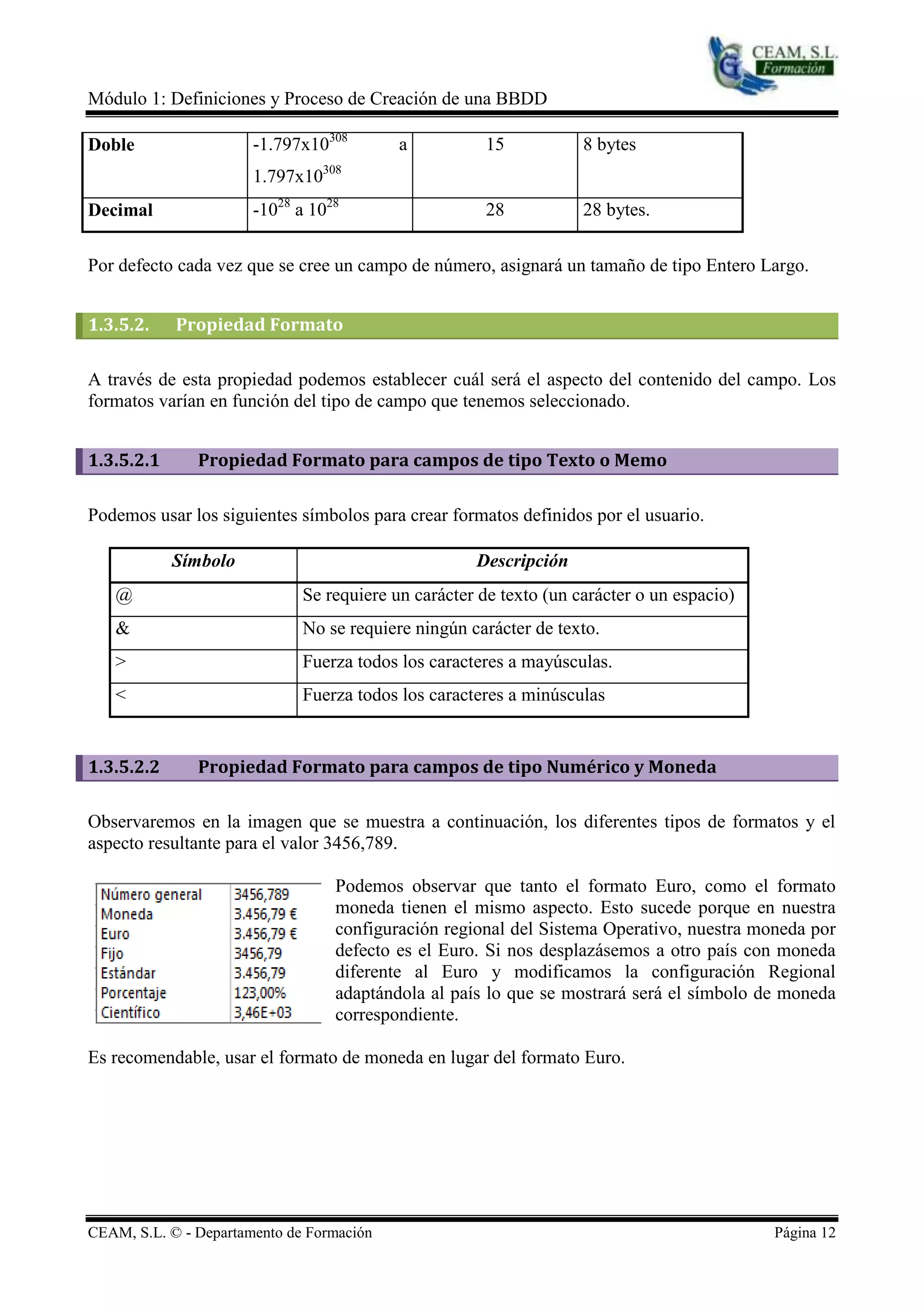 Módulo 1: Definiciones y Proceso de Creación de una BBDD

Doble                  -1.797x10308        a           15           8 bytes
                                 308
                       1.797x10
Decimal                -1028 a 1028                    28           28 bytes.

Por defecto cada vez que se cree un campo de número, asignará un tamaño de tipo Entero Largo.


1.3.5.2.    Propiedad Formato

A través de esta propiedad podemos establecer cuál será el aspecto del contenido del campo. Los
formatos varían en función del tipo de campo que tenemos seleccionado.


1.3.5.2.1      Propiedad Formato para campos de tipo Texto o Memo

Podemos usar los siguientes símbolos para crear formatos definidos por el usuario.

            Símbolo                                  Descripción
   @                          Se requiere un carácter de texto (un carácter o un espacio)
   &                          No se requiere ningún carácter de texto.
   >                          Fuerza todos los caracteres a mayúsculas.
   <                          Fuerza todos los caracteres a minúsculas


1.3.5.2.2      Propiedad Formato para campos de tipo Numérico y Moneda

Observaremos en la imagen que se muestra a continuación, los diferentes tipos de formatos y el
aspecto resultante para el valor 3456,789.

                                   Podemos observar que tanto el formato Euro, como el formato
                                   moneda tienen el mismo aspecto. Esto sucede porque en nuestra
                                   configuración regional del Sistema Operativo, nuestra moneda por
                                   defecto es el Euro. Si nos desplazásemos a otro país con moneda
                                   diferente al Euro y modificamos la configuración Regional
                                   adaptándola al país lo que se mostrará será el símbolo de moneda
                                   correspondiente.

Es recomendable, usar el formato de moneda en lugar del formato Euro.




CEAM, S.L. © - Departamento de Formación                                                    Página 12
 