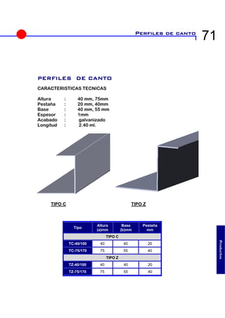 71 
Perfiles de canto 
E CANTO 
, 75mm 
, 40mm 
izado l. 
TIPO C 
Tipo 
B 
(b)m 
Pe 
ña 
TIPO C 
TC-40/100 40 40 
Productos 
O Z 
TZ-40/100 40 40 20 
TZ-75/170 75 55 40  