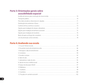 12
Parte 3: Orientações gerais sobre
	 acessibilidade espacial
	 Escolha de terrenos para construção de novas escolas . . . . . . . . . . . . . . . . . . . . . . . . . . . . . . . . . . . . . . . . . . . . . . . . . . . 70
	 Transporte público. . . . . . . . . . . . . . . . . . . . . . . . . . . . . . . . . . . . . . . . . . . . . . . . . . . . . . . . . . . . . . . . . . . . . . . . . . . . . . . . . . . . . . . 70
	 Pisos táteis de alerta e direcionais em calçadas. . . . . . . . . . . . . . . . . . . . . . . . . . . . . . . . . . . . . . . . . . . . . . . . . . . . . . . . . . . 71
	 Distribuição dos ambientes e fluxos. . . . . . . . . . . . . . . . . . . . . . . . . . . . . . . . . . . . . . . . . . . . . . . . . . . . . . . . . . . . . . . . . . . . . . 72
	 Conforto térmico, lumínico e acústico. . . . . . . . . . . . . . . . . . . . . . . . . . . . . . . . . . . . . . . . . . . . . . . . . . . . . . . . . . . . . . . . . . . . 73
	 Opções para instalação de rampas e elevadores. . . . . . . . . . . . . . . . . . . . . . . . . . . . . . . . . . . . . . . . . . . . . . . . . . . . . . . . . . 74
	 Opções para instalação de banheiros acessíveis. . . . . . . . . . . . . . . . . . . . . . . . . . . . . . . . . . . . . . . . . . . . . . . . . . . . . . . . . . 75
	 Opções para instalação de trocadores. . . . . . . . . . . . . . . . . . . . . . . . . . . . . . . . . . . . . . . . . . . . . . . . . . . . . . . . . . . . . . . . . . . . 76
	 Barras de apoio ao longo dos corredores. . . . . . . . . . . . . . . . . . . . . . . . . . . . . . . . . . . . . . . . . . . . . . . . . . . . . . . . . . . . . . . . . 78
	 Leis de prevenção contra incêndios. . . . . . . . . . . . . . . . . . . . . . . . . . . . . . . . . . . . . . . . . . . . . . . . . . . . . . . . . . . . . . . . . . . . . . 78
Parte 4: Avaliando sua escola
	 1. A rua em frente à escola. . . . . . . . . . . . . . . . . . . . . . . . . . . . . . . . . . . . . . . . . . . . . . . . . . . . . . . . . . . . . . . . . . . . . . . . . . . . . . . 84
	 2. Do portão à porta de entrada da escola. . . . . . . . . . . . . . . . . . . . . . . . . . . . . . . . . . . . . . . . . . . . . . . . . . . . . . . . . . . . . . . . 86
	 3. Recepção e salas de atendimento . . . . . . . . . . . . . . . . . . . . . . . . . . . . . . . . . . . . . . . . . . . . . . . . . . . . . . . . . . . . . . . . . . . . . 88
	 4. Corredores. . . . . . . . . . . . . . . . . . . . . . . . . . . . . . . . . . . . . . . . . . . . . . . . . . . . . . . . . . . . . . . . . . . . . . . . . . . . . . . . . . . . . . . . . . . . 90
	 5. Escadas e rampas. . . . . . . . . . . . . . . . . . . . . . . . . . . . . . . . . . . . . . . . . . . . . . . . . . . . . . . . . . . . . . . . . . . . . . . . . . . . . . . . . . . . . . 92
	 6. Salas de aula. . . . . . . . . . . . . . . . . . . . . . . . . . . . . . . . . . . . . . . . . . . . . . . . . . . . . . . . . . . . . . . . . . . . . . . . . . . . . . . . . . . . . . . . . . . 94
	 7. Laboratórios e salas de artes. . . . . . . . . . . . . . . . . . . . . . . . . . . . . . . . . . . . . . . . . . . . . . . . . . . . . . . . . . . . . . . . . . . . . . . . . . . 95
	 8. Sala de recursos multifuncional. . . . . . . . . . . . . . . . . . . . . . . . . . . . . . . . . . . . . . . . . . . . . . . . . . . . . . . . . . . . . . . . . . . . . . . . 96
	 9. Espaço da educação infantil. . . . . . . . . . . . . . . . . . . . . . . . . . . . . . . . . . . . . . . . . . . . . . . . . . . . . . . . . . . . . . . . . . . . . . . . . . . 97
	 10. Biblioteca. . . . . . . . . . . . . . . . . . . . . . . . . . . . . . . . . . . . . . . . . . . . . . . . . . . . . . . . . . . . . . . . . . . . . . . . . . . . . . . . . . . . . . . . . . . . 98
	 11. Auditório. . . . . . . . . . . . . . . . . . . . . . . . . . . . . . . . . . . . . . . . . . . . . . . . . . . . . . . . . . . . . . . . . . . . . . . . . . . . . . . . . . . . . . . . . . . . . 99
	 12. Sanitários. . . . . . . . . . . . . . . . . . . . . . . . . . . . . . . . . . . . . . . . . . . . . . . . . . . . . . . . . . . . . . . . . . . . . . . . . . . . . . . . . . . . . . . . . . . 100
	 13. Trocador em sanitário acessível. . . . . . . . . . . . . . . . . . . . . . . . . . . . . . . . . . . . . . . . . . . . . . . . . . . . . . . . . . . . . . . . . . . . .  102
Manual Acessibilidade v10.indd 12 17/08/2009 22:53:46
 