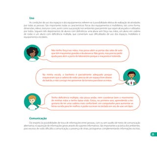 25
Uso
As condições de uso dos espaços e dos equipamentos referem-se à possibilidade efetiva de realização de atividades
por todas as pessoas. São importantes todas as características físicas dos equipamentos e mobiliários, tais como forma,
dimensões, relevo, textura e cores, assim como sua posição nos ambientes para permitir que sejam alcançados e utilizados
por todos. Seguem três depoimentos de alunos com deficiência: uma aluna sem força nas mãos, um aluno em cadeira
de rodas e um aluno com deficiência múltipla, que comentam suas dificuldades de uso dos espaços, mobiliário e
equipamentos escolares.
Não tenho força nas mãos, mas posso abrir as portas das salas de aula
quetêmmaçanetasgrandesedealavanca.Nãogosto,masprecisopedir
ajuda para abrir a porta do laboratório porque a maçaneta é redonda.
Na minha escola, o banheiro é parcialmente adequado porque
esqueceram que a cadeira de rodas precisa de um espaço livre abaixo
do balcão, e não consigo me aproximar da torneira para lavar as mãos.
Tenho deficiência múltipla, não posso andar, nem coordenar bem o movimento
de minhas mãos e tenho baixa visão. Estou, no primeiro ano, aprendendo a ler;
gostaria de ter uma cadeira mais confortável, um computador para aumentar as
letras na tela para ler melhor, e poder escrever no teclado em vez de usar um lápis.
Comunicação
Diz respeito às possibilidades de troca de informações entre pessoas, com ou sem auxílio de meios de comunicação
alternativa, e à aquisição de informações gerais através de suportes informativos. São importantes a acústica dos ambientes,
pois excesso de ruído dificulta a comunicação; a presença de sinais, pictogramas complementando informações escritas;
Manual Acessibilidade v10.indd 25 17/08/2009 22:53:47
 