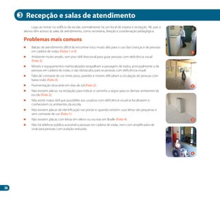 36
Logo ao entrar no edifício da escola, normalmente há um local de espera e recepção. Ali, pais e
alunos têm acesso às salas de atendimento, como secretaria, direção e coordenação pedagógica.
	 Balcão de atendimento difícil de encontrar e/ou muito alto para o uso das crianças e de pessoas
em cadeira de rodas (Fotos 1 e 4).
	 Ambiente muito amplo, sem piso tátil direcional para guiar pessoas com deficiência visual
(Foto 2).
	 Móveis e equipamentos mal localizados atrapalham a passagem de todos, principalmente a de
pessoas em cadeira de rodas, e são obstáculos para as pessoas com deficiência visual.
	 Falta de contraste de cor entre pisos, paredes e móveis dificultam a circulação de pessoas com
baixa visão (Foto 3).
	 Pavimentação ofuscante em dias de sol (Foto 2).
	 Não existem placas, na recepção, para indicar o caminho a seguir para os demais ambientes da
escola (Foto 2).
	 Não existe mapa tátil que possibilite aos usuários com deficiência visual se localizarem e
conhecerem os ambientes da escola.
	 Não existem placas de identificação nas portas e, quando existem, suas letras são pequenas e
sem contraste de cor (Foto 1).
	 Não existem placas com letras em relevo ou escritas em Braille (Foto 4).
	 Não há telefone público acessível a pessoas em cadeira de rodas, nem com amplificador de
sinal para pessoas com audição reduzida.
Problemas mais comuns
Recepção e salas de atendimento
2
4
3
1
3
Manual Acessibilidade v10.indd 36 17/08/2009 22:54:06
 