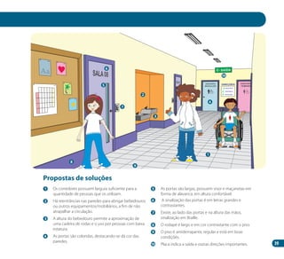 39
1
2
4
5
6
7
8
3
Propostas de soluções
9
1 	 Os corredores possuem largura suficiente para a
quantidade de pessoas que os utilizam.
2 	 Há reentrâncias nas paredes para abrigar bebedouros
ou outros equipamentos/mobiliários, a fim de não
atrapalhar a circulação.
3 	 A altura do bebedouro permite a aproximação de
uma cadeira de rodas e o uso por pessoas com baixa
estatura.
4 	 As portas são coloridas, destacando-se da cor das
paredes.
5 	 As portas são largas, possuem visor e maçanetas em
forma de alavanca, em altura confortável.
6 	 A sinalização das portas é em letras grandes e
contrastantes.
7 	 Existe, ao lado das portas e na altura das mãos,
sinalização em Braille.
8 	 O rodapé é largo e em cor contrastante com o piso.
9 	 O piso é antiderrapante, regular e está em boas
condições.
10	 Placa indica a saída e outras direções importantes.
10
Manual Acessibilidade v10.indd 39 17/08/2009 22:54:12
 