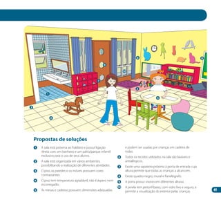 49
1 	 A sala está próxima ao fraldário e possui ligação
direta com um banheiro e um pátio/parque infantil
exclusivo para o uso de seus alunos.
2 	 A sala está organizada em vários ambientes,
possibilitando a realização de diferentes atividades.
3 	 O piso, as paredes e os móveis possuem cores
contrastantes.
4 	 O piso tem temperatura agradável, não é áspero nem
escorregadio.
5 	 As mesas e cadeiras possuem dimensões adequadas
e podem ser usadas por crianças em cadeira de
rodas.
6 	 Todos os tecidos utilizados na sala são laváveis e
antialérgicos.
7 	 Existe uma sapateira próxima à porta de entrada cuja
altura permite que todas as crianças a alcancem.
8 	 Existe quadro-negro, mural e flanelógrafo.
9 	 A porta possui visores em diferentes alturas.
10	 A janela tem peitoril baixo, com vidro fixo e seguro, e
permite a visualização do exterior pelas crianças.
Propostas de soluções
1
2
4
5
6
7
8
3
9
10
Manual Acessibilidade v10.indd 49 17/08/2009 22:54:34
 