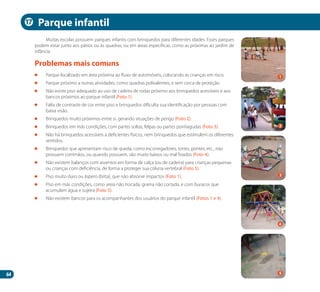 64
Muitas escolas possuem parques infantis com brinquedos para diferentes idades. Esses parques
podem estar junto aos pátios ou às quadras, ou em áreas específicas, como as próximas ao jardim de
infância.
	 Parque localizado em área próxima ao fluxo de automóveis, colocando as crianças em risco.
	 Parque próximo a outras atividades, como quadras polivalentes, e sem cerca de proteção.
	 Não existe piso adequado ao uso de cadeira de rodas próximo aos brinquedos acessíveis e aos
bancos próximos ao parque infantil (Foto 1).
	 Falta de contraste de cor entre piso e brinquedos dificulta sua identificação por pessoas com
baixa visão.
	 Brinquedos muito próximos entre si, gerando situações de perigo (Foto 2).
	 Brinquedos em más condições, com partes soltas, felpas ou partes pontiagudas (Foto 3).
	 Não há brinquedos acessíveis a deficientes físicos, nem brinquedos que estimulem os diferentes
sentidos.
	 Brinquedos que apresentam risco de queda, como escorregadores, torres, pontes, etc., não
possuem corrimãos, ou quando possuem, são muito baixos ou mal fixados (Foto 4).
	 Não existem balanços com assentos em forma de calça (ou de cadeira) para crianças pequenas
ou crianças com deficiência, de forma a proteger sua coluna vertebral (Foto 5).
	 Piso muito duro ou áspero (brita), que não absorve impactos (Foto 1).
	 Piso em más condições, como areia não trocada, grama não cortada, e com buracos que
acumulam água e sujeira (Foto 5).
	 Não existem bancos para os acompanhantes dos usuários do parque infantil (Fotos 1 e 4).
Problemas mais comuns
Parque infantil
2
4
1
3
5
17
Manual Acessibilidade v10.indd 64 17/08/2009 22:55:05
 