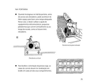 26
NA PORTARIA
Quando há degraus no hall da portaria, antes
do acesso aos elevadores, pode acontecer de
faltar espaço para fazer uma rampa adequada.
Nesse caso, o ideal é utilizar a ajuda de
equipamentos eletromecânicos, pequenas
plataformas que correm verticalmente ou ao
longo da escada, como se fossem mini-
elevadores.
Para facilitar a orientação da pessoa cega, as
caixas de correio devem ter sinalização em
braille em cada um dos seus compartimentos.
Plataforma de plano inclinado
Plataforma vertical
 