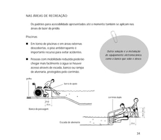 34
NAS ÁREAS DE RECREAÇÃO
Os padrões para acessibilidade apresentados até o momento também se aplicam nas
áreas de lazer do prédio.
Piscinas
Em torno de piscinas e em áreas externas
descobertas, o piso antiderrapante é
importante recurso para evitar acidentes.
Pessoas com mobilidade reduzida poderão
chegar mais facilmente à água se houver
acesso através de escada, banco ou rampa
de alvenaria, protegidos pelo corrimão.
Outra solução é a instalação
de equipamento eletromecânico,
como o banco que sobe e desce.
Banco de passagem
grelha
barra de apoio
Escada de alvenaria
corrimão duplo
 