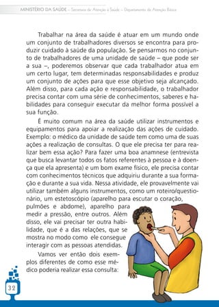 MINISTÉRIO DA SAÚDE – Secretaria de Atenção à Saúde – Departamento de Atenção Básica




              Trabalhar na área da saúde é atuar em um mundo onde
        um conjunto de trabalhadores diversos se encontra para pro-
        duzir cuidado à saúde da população. Se pensarmos no conjun-
        to de trabalhadores de uma unidade de saúde – que pode ser
        a sua –, poderemos observar que cada trabalhador atua em
        um certo lugar, tem determinadas responsabilidades e produz
        um conjunto de ações para que esse objetivo seja alcançado.
        Além disso, para cada ação e responsabilidade, o trabalhador
        precisa contar com uma série de conhecimentos, saberes e ha-
        bilidades para conseguir executar da melhor forma possível a
        sua função.
              É muito comum na área da saúde utilizar instrumentos e
        equipamentos para apoiar a realização das ações de cuidado.
        Exemplo: o médico da unidade de saúde tem como uma de suas
        ações a realização de consultas. O que ele precisa ter para rea-
        lizar bem essa ação? Para fazer uma boa anamnese (entrevista
        que busca levantar todos os fatos referentes à pessoa e à doen-
        ça que ela apresenta) e um bom exame físico, ele precisa contar
        com conhecimentos técnicos que adquiriu durante a sua forma-
        ção e durante a sua vida. Nessa atividade, ele provavelmente vai
        utilizar também alguns instrumentos, como um roteiro/questio-
        nário, um estetoscópio (aparelho para escutar o coração,
        pulmões e abdome), aparelho para
        medir a pressão, entre outros. Além
        disso, ele vai precisar ter outra habi-
        lidade, que é a das relações, que se
        mostra no modo como ele consegue
        interagir com as pessoas atendidas.
              Vamos ver então dois exem-
        plos diferentes de como esse mé-
        dico poderia realizar essa consulta:

32
 