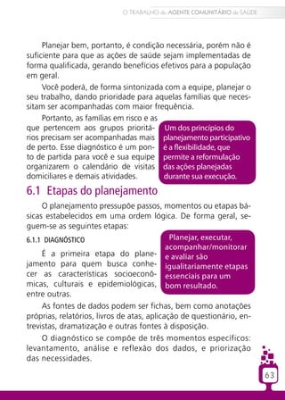 O TRABALHO do AGENTE COMUNITÁRIO de SAÚDE




     Planejar bem, portanto, é condição necessária, porém não é
suficiente para que as ações de saúde sejam implementadas de
forma qualificada, gerando benefícios efetivos para a população
em geral.
     Você poderá, de forma sintonizada com a equipe, planejar o
seu trabalho, dando prioridade para aquelas famílias que neces-
sitam ser acompanhadas com maior frequência.
     Portanto, as famílias em risco e as
que pertencem aos grupos prioritá- Um dos princípios do
rios precisam ser acompanhadas mais planejamento participativo
de perto. Esse diagnóstico é um pon- é a flexibilidade, que
to de partida para você e sua equipe permite a reformulação
organizarem o calendário de visitas das ações planejadas
domiciliares e demais atividades.        durante sua execução.
6.1 Etapas do planejamento
     O planejamento pressupõe passos, momentos ou etapas bá-
sicas estabelecidos em uma ordem lógica. De forma geral, se-
guem-se as seguintes etapas:
6.1.1 Diagnóstico                            Planejar, executar,
                                            acompanhar/monitorar
     É a primeira etapa do plane- e avaliar são
jamento para quem busca conhe- igualitariamente etapas
cer as características socioeconô- essenciais para um
micas, culturais e epidemiológicas, bom resultado.
entre outras.
     As fontes de dados podem ser fichas, bem como anotações
próprias, relatórios, livros de atas, aplicação de questionário, en-
trevistas, dramatização e outras fontes à disposição.
     O diagnóstico se compõe de três momentos específicos:
levantamento, análise e reflexão dos dados, e priorização
das necessidades.

                                                                         63
 