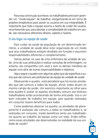 35
Para essa construção acontecer, os trabalhadores precisam apren-
der um “modo-equipe” de trabalhar, reorganizando-se em torno de
projetos terapêuticos para assistir os usuários em sua integralidade. É
importante que toda a equipe assuma a tarefa de cuidar do usuário,
reconhecendo que, para abordar a complexidade do trabalho em saú-
de, são necessários diferentes olhares, saberes e fazeres.
O seu lugar na equipe de saúde
Para cuidar da saúde da população de um determinado ter-
ritório, a unidade de saúde deve estar organizada de um modo
que seus trabalhadores estejam divididos em funções e assumam
responsabilidades diferentes e complementares.
Vamos pensar no caso de uma enfermeira da unidade de saú-
de. Uma de suas atribuições é realizar consultas de enfermagem, no
entanto, ela compartilha com você e com os demais membros da
equipe uma série de outras responsabilidades e objetivos.
Veja a seguir o quadro com algumas ações que são específicas e ou-
tras que são comuns aos profissionais da equipe da unidade de saúde.
Observando o quadro, você perceberá que há muitas ativida-
des que são comuns a todos da equipe, afinal, todos atuam no
mesmo campo da saúde. Um exercício importante ao olhar para
esse quadro é avaliar se aquelas atividades comuns aos diversos
trabalhadores estão acontecendo de forma articulada. Isso é um
bom indicador de trabalho em equipe, pois quando realizadas
em conjunto trazem benefícios para todos.
Como podemos observar no quadro, as atividades de plane-
jamento e avaliação são comuns a todos os trabalhadores e, se
realizadas em conjunto, trarão benefícios tanto aos trabalhado-
res quanto ao trabalho da equipe como um todo. Então reflita:
como essas atividades são desenvolvidas na realidade da sua uni-
dade de saúde?
O TRABALHO do AGENTE COMUNITÁRIO de SAÚDE
35
 