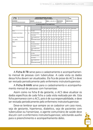 A Ficha B-TB serve para o cadastramento e acompanhamen-
to mensal de pessoas com tuberculose. A cada visita os dados
dessa ficha devem ser atualizados. Ela fica de posse do ACS e deve
ser revisada periodicamente pelo enfermeiro instrutor/supervisor.
A Ficha B-HAN serve para o cadastramento e acompanha-
mento mensal de pessoas com hanseníase.
Assim como na ficha B da gestante, o ACS deve atualizar os
dados específicos de cada ficha a cada visita realizada por ele. Esta
ficha permanece com o ACS, pois é de sua responsabilidade, e deve
ser revisada periodicamente pelo enfermeiro instrutor/supervisor.
Deve-se lembrar que sempre ao se cadastrar um caso novo,
seja de gestante, hipertenso, diabético, seja de pacientes com
tuberculose ou hanseníase, o agente comunitário de saúde deve
discutir com o enfermeiro instrutor/supervisor, solicitando auxílio
para o preenchimento e acompanhamento deles.
77
O TRABALHO do AGENTE COMUNITÁRIO de SAÚDE
 