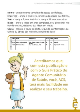 Nome – anote o nome completo da pessoa que faleceu.
Endereço – anote o endereço completo da pessoa que faleceu.
Sexo – marque F para feminino e marque M para masculino.
Idade – anote a idade em anos completos. Se a pessoa for me-
nor de um ano, registre a sua idade em meses.
Causa – registre a causa do óbito, segundo as informações da
família ou obtida por meio de atestado de óbito.
Acreditamos que,
com esta publicação e
com o Guia Prático do
Agente Comunitário
de Saúde, você, ACS,
terá mais facilidade em
realizar o seu trabalho.
83
O TRABALHO do AGENTE COMUNITÁRIO de SAÚDE
 
